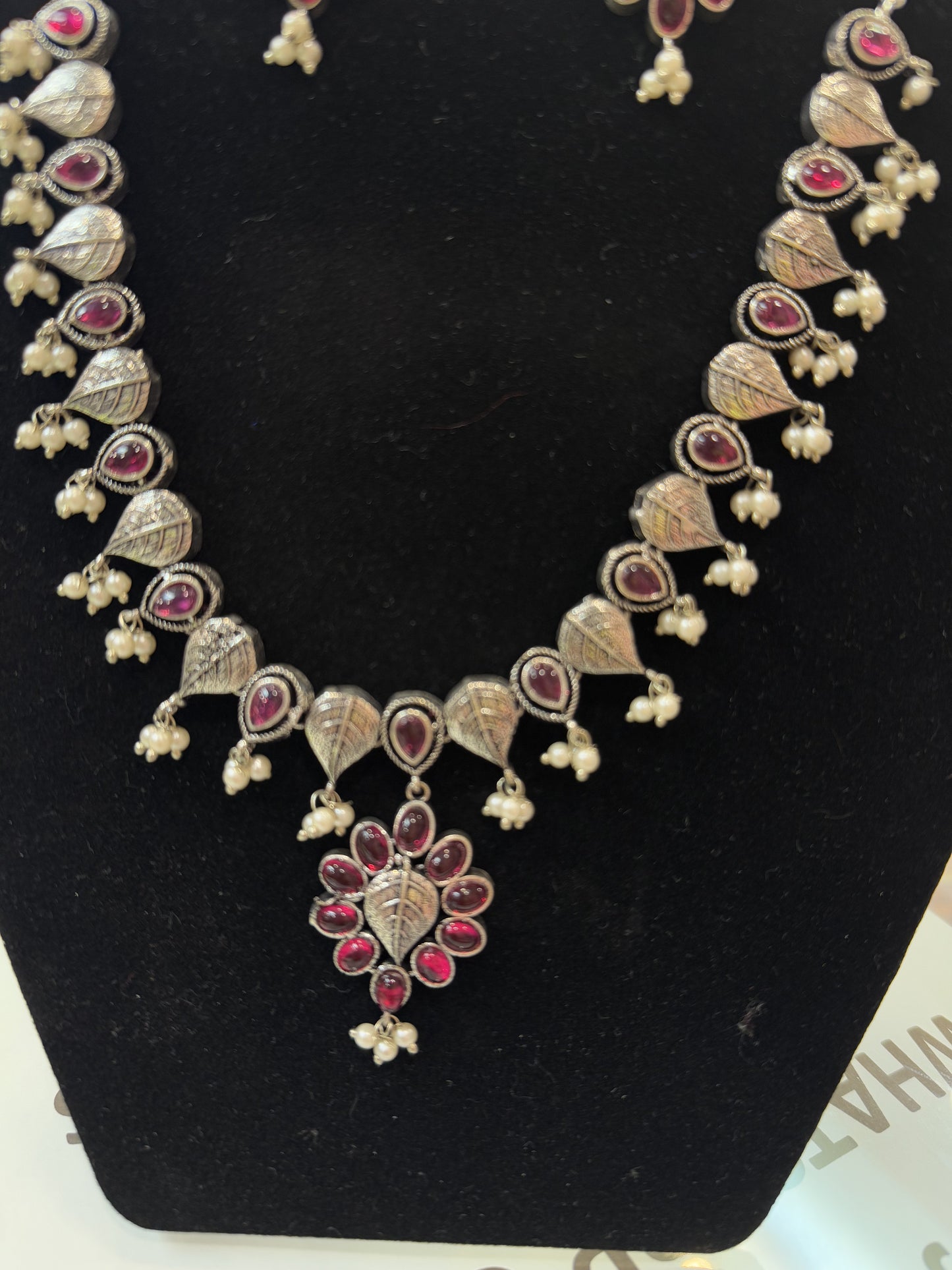 Alluring Hot Pink Floral Designed Silver Plated Oxidized Necklace Set With Earrings And Pearl Beads