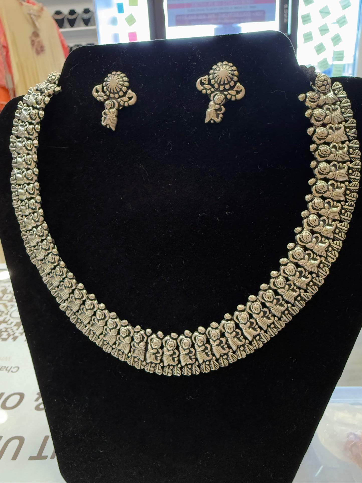 Alluring Gray Color Floral Oxidized Necklace With Earrings Sets