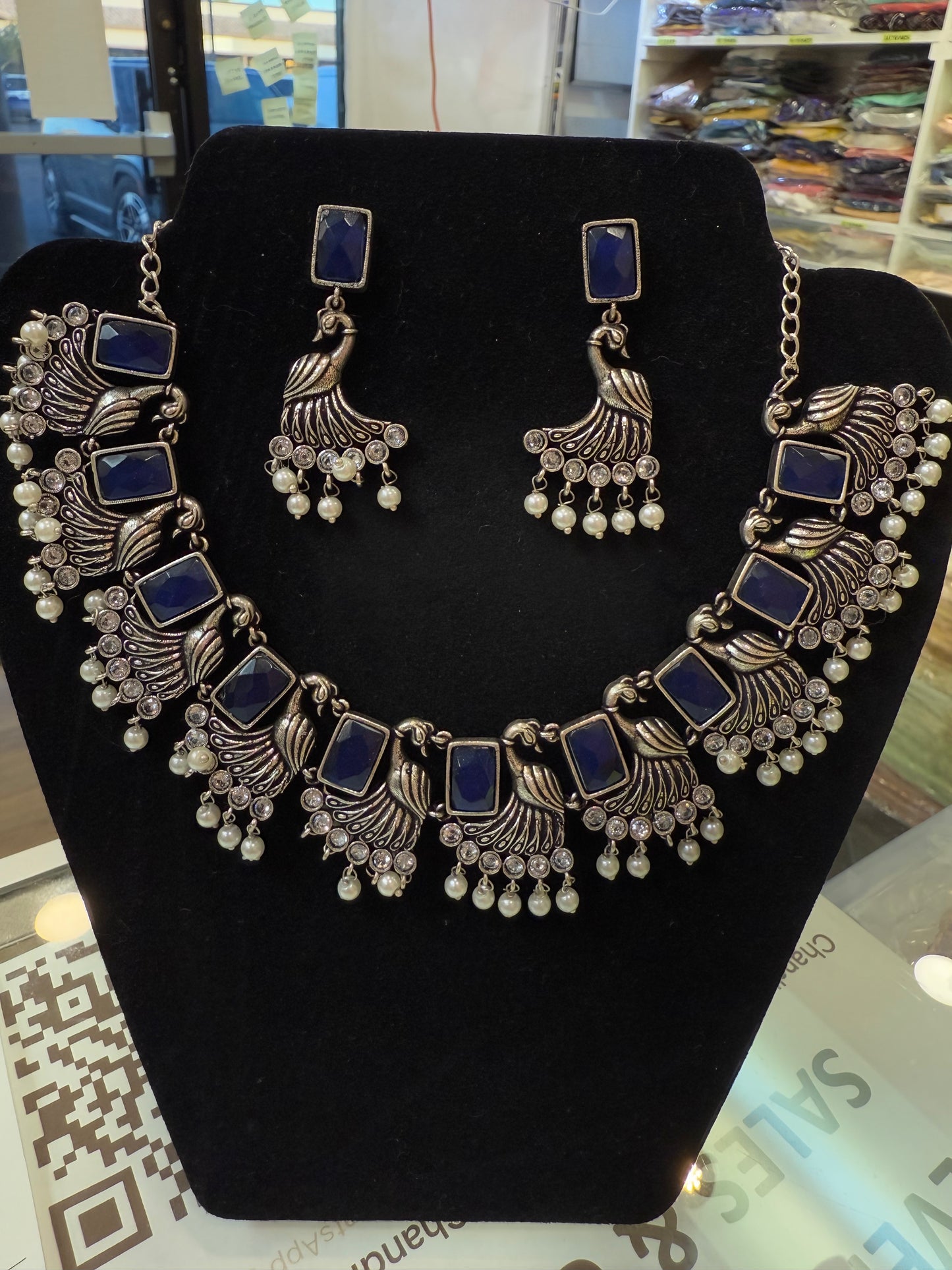 Amazing Blue Stone Silver Plated Oxidized Necklace Set With Earrings And Pearl Beads