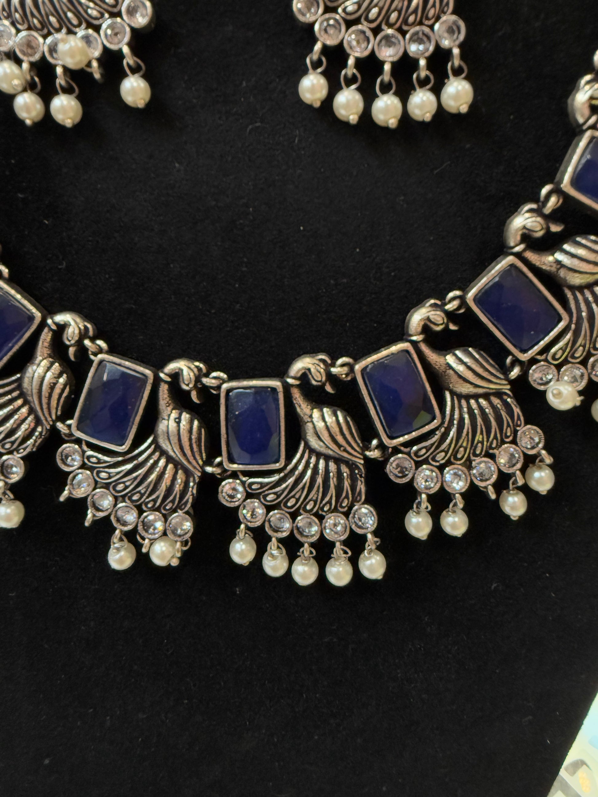 Amazing Peacock Design Oxidized Necklace Set With Earrings And Pearl Beads In USA