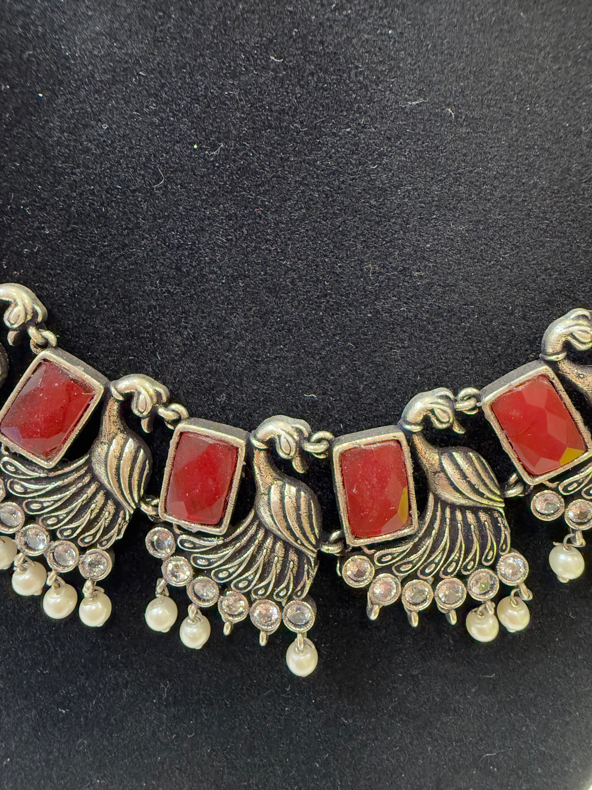 Amazing Maroon Stone Studded  Oxidized Earrings And Pearl Beads In USA