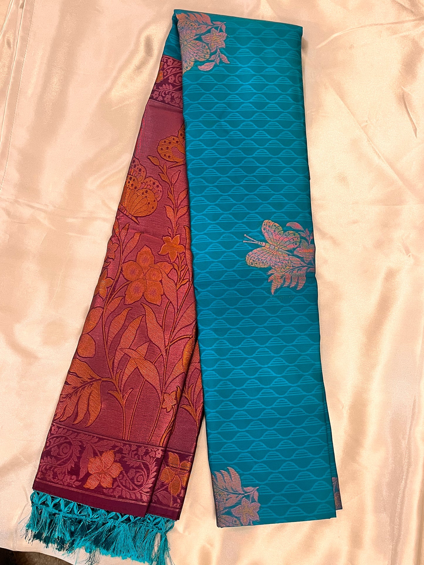 Gorgeous Teal and Purple Soft Silk Saree