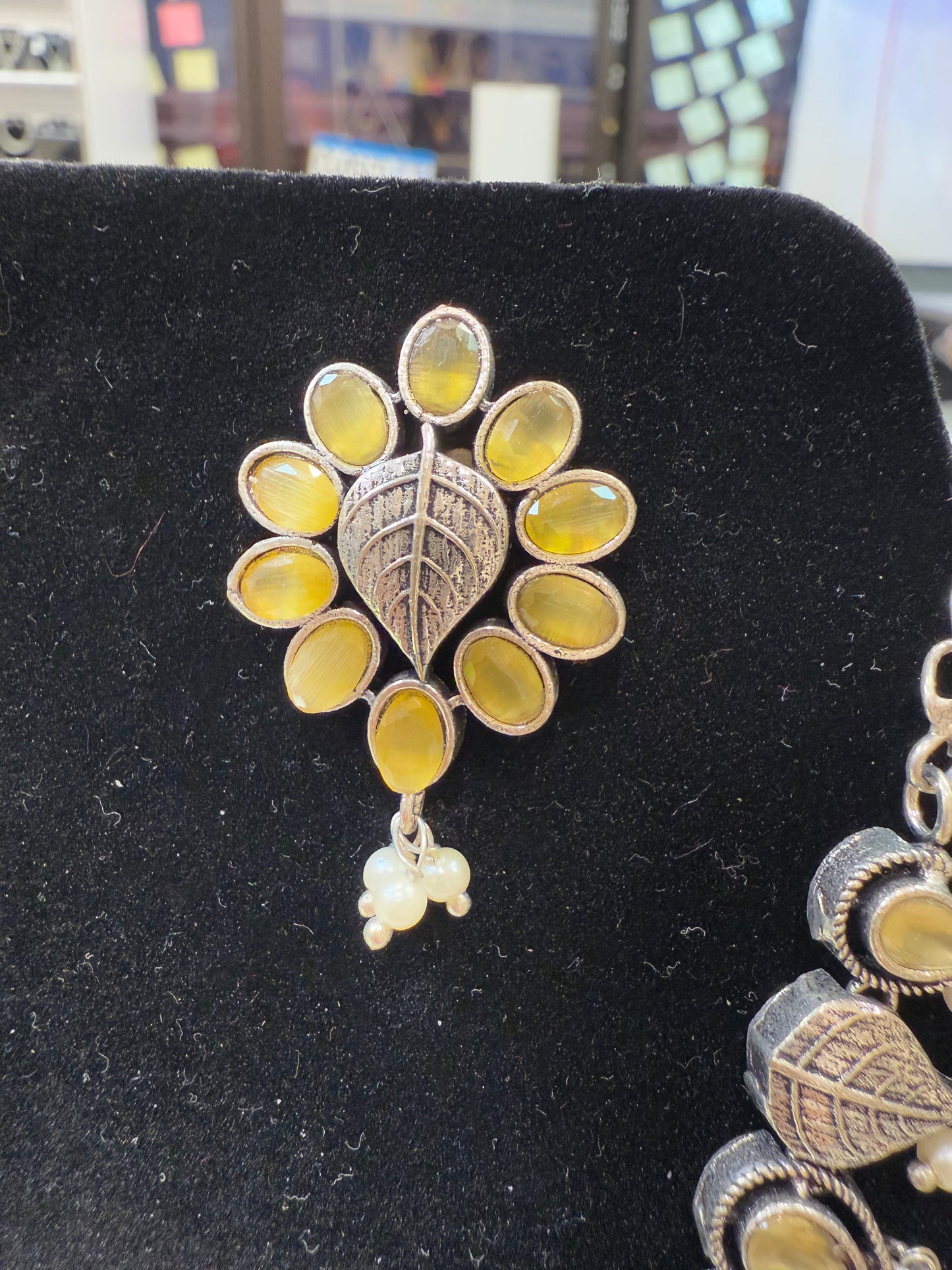 Yellow Color Silver Oxidized Necklace Pearl Drop Earrings  In Chandler