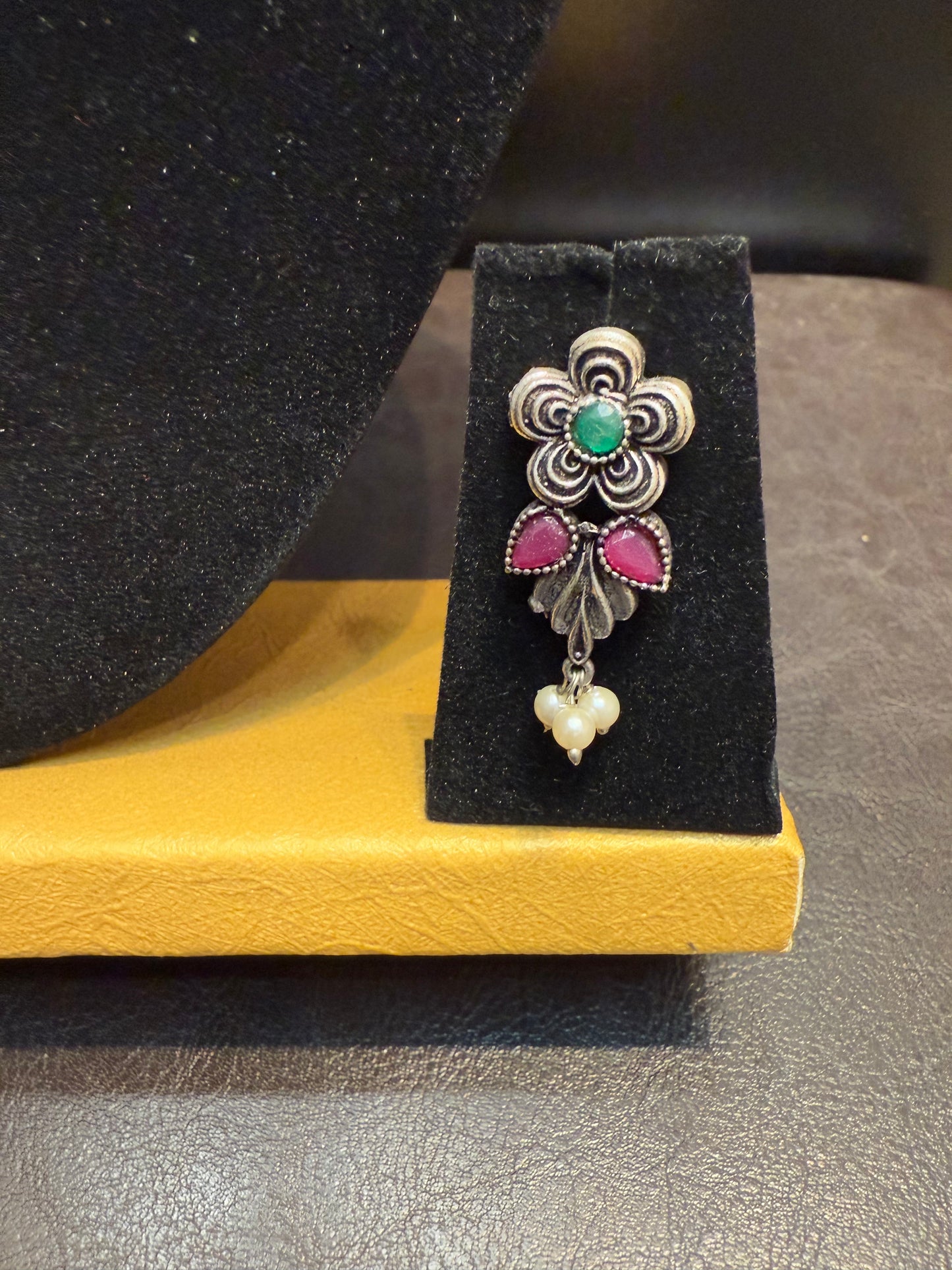 Flower Designed Silver Plated Oxidized Necklace Set With Earrings Near Me