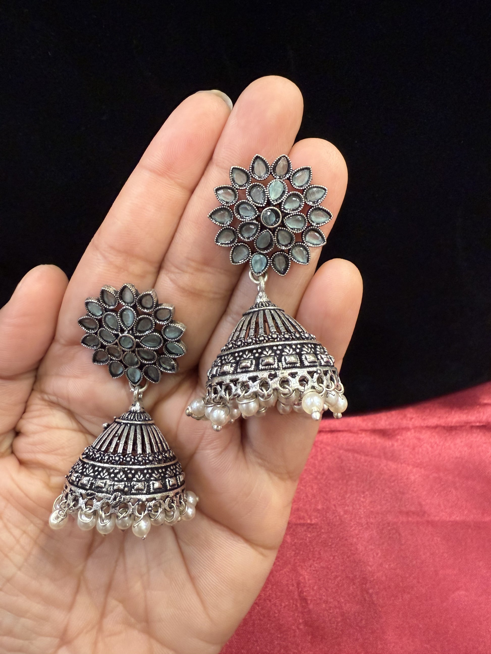 Beautiful Gray Color Oxidized Pearls Drop Earrings For Women Near Me