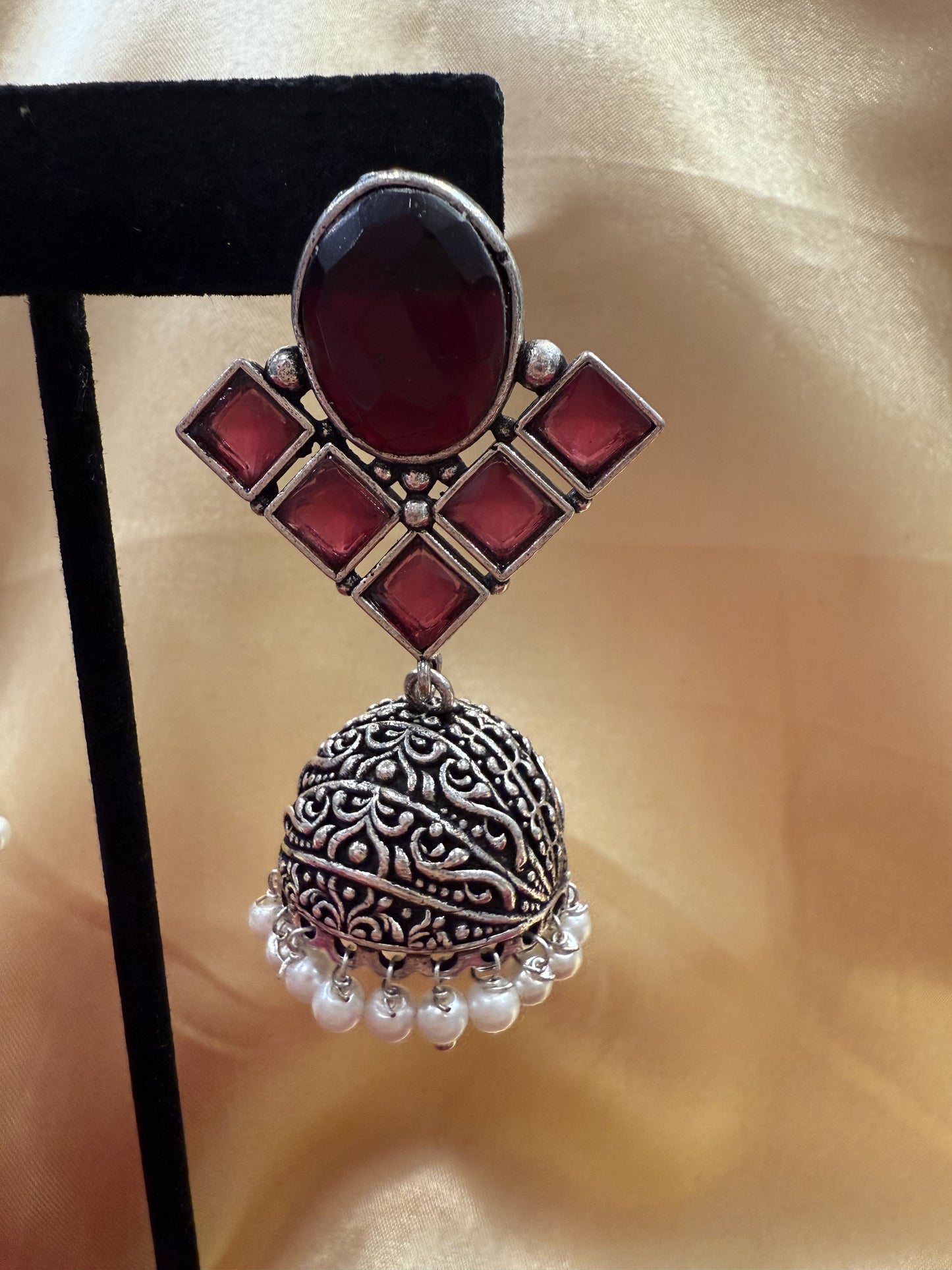 Alluring Maroon Stone Jhumka Designer Oxidized Earrings Near Me