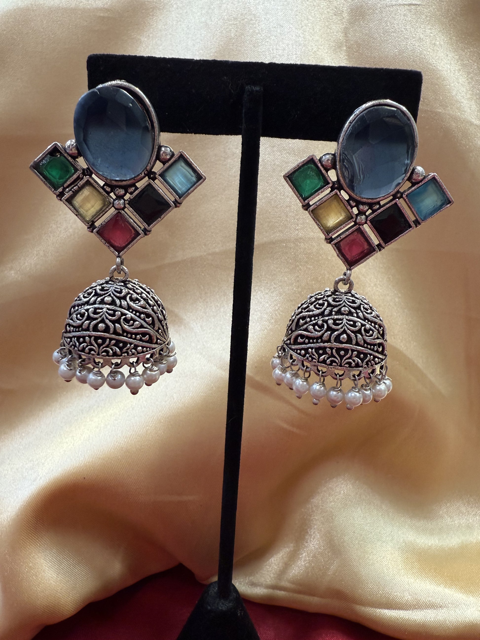 Alluring  Blue Stone Multicolor Jhumka Designer Oxidized Earrings Near Me