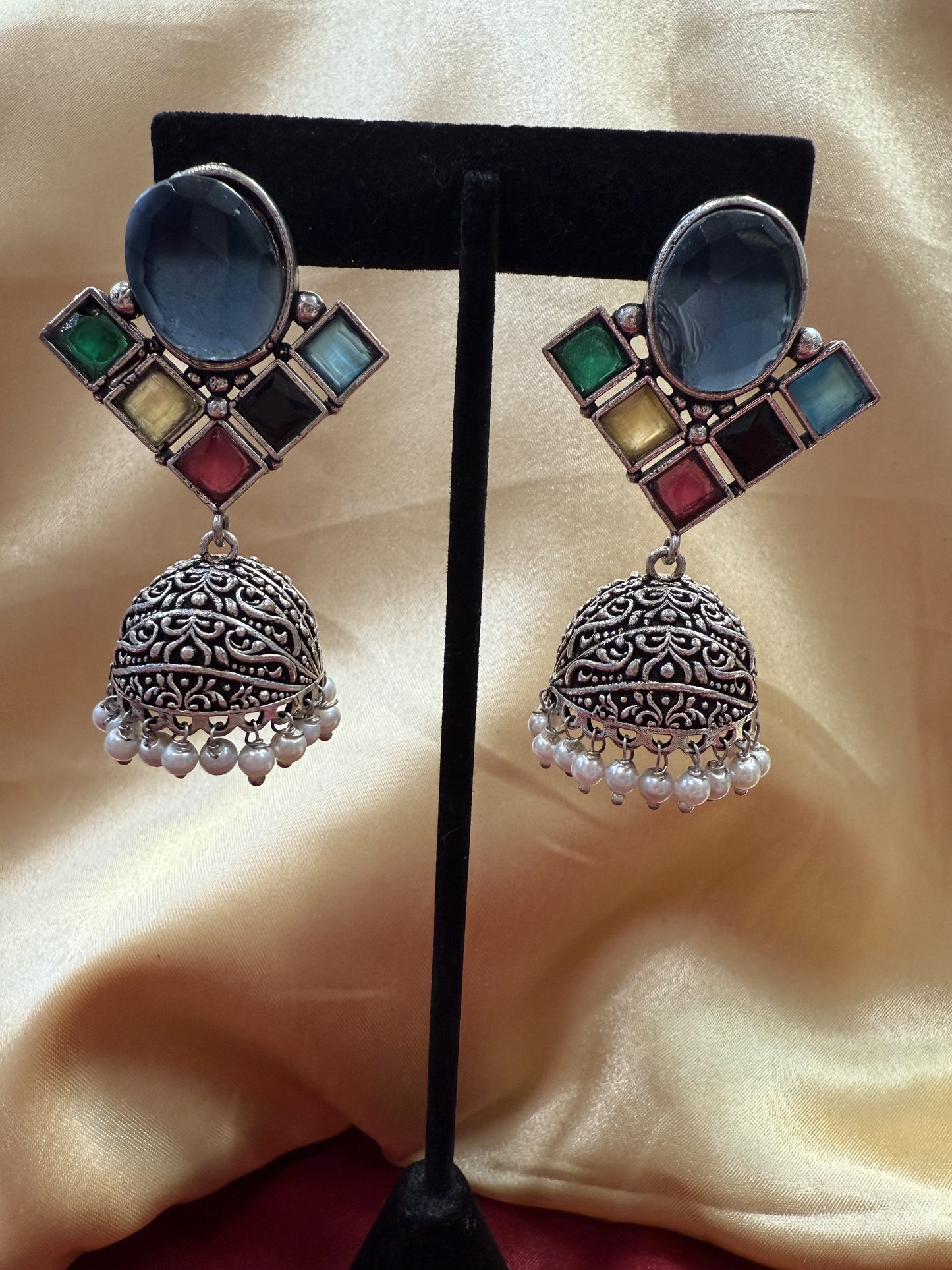 Alluring Blue Stone Multicolor Jhumka Designer Oxidized Earrings For Women