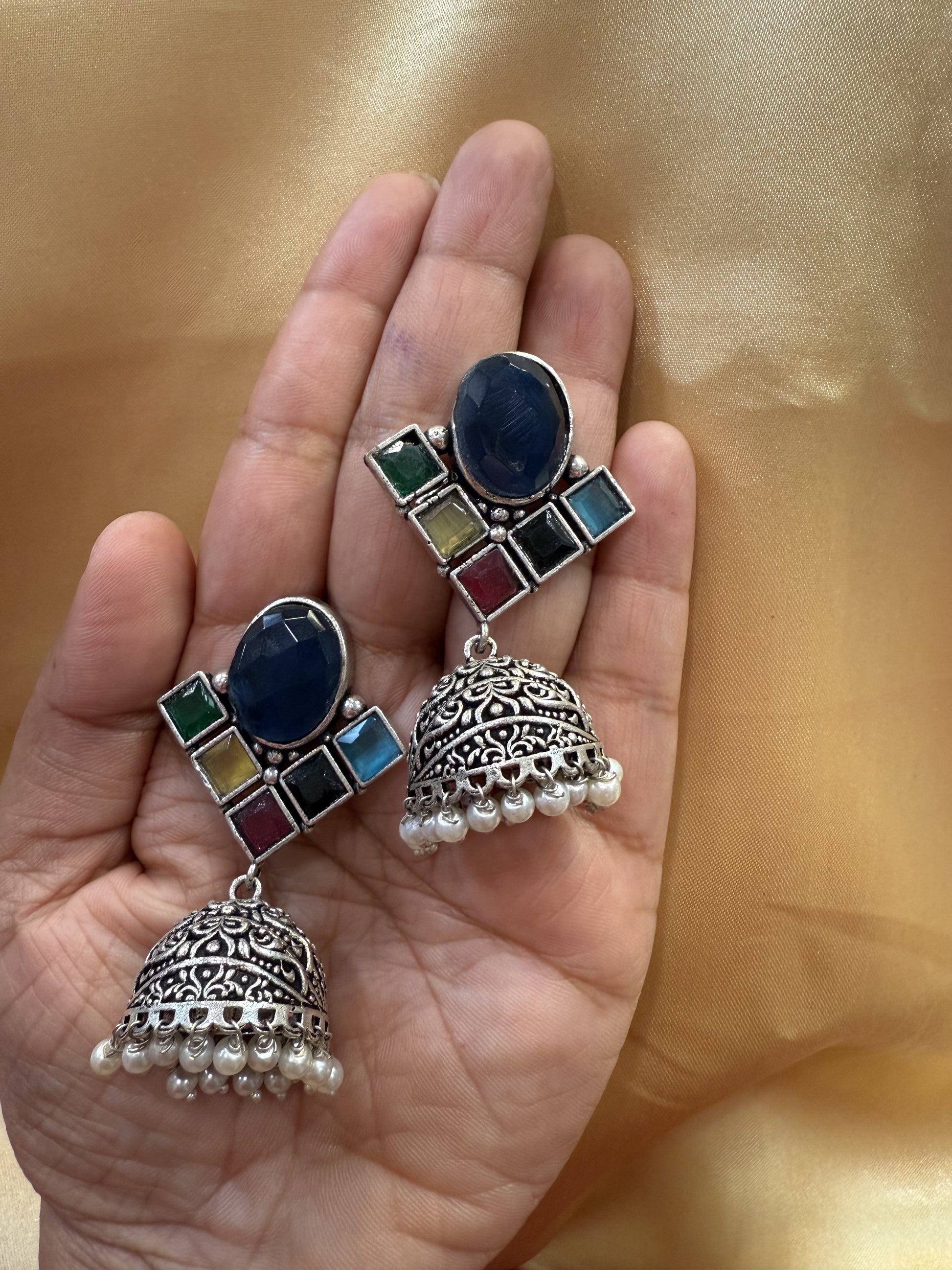Blue Stone Multicolor Jhumka Designer Oxidized Earrings In USA