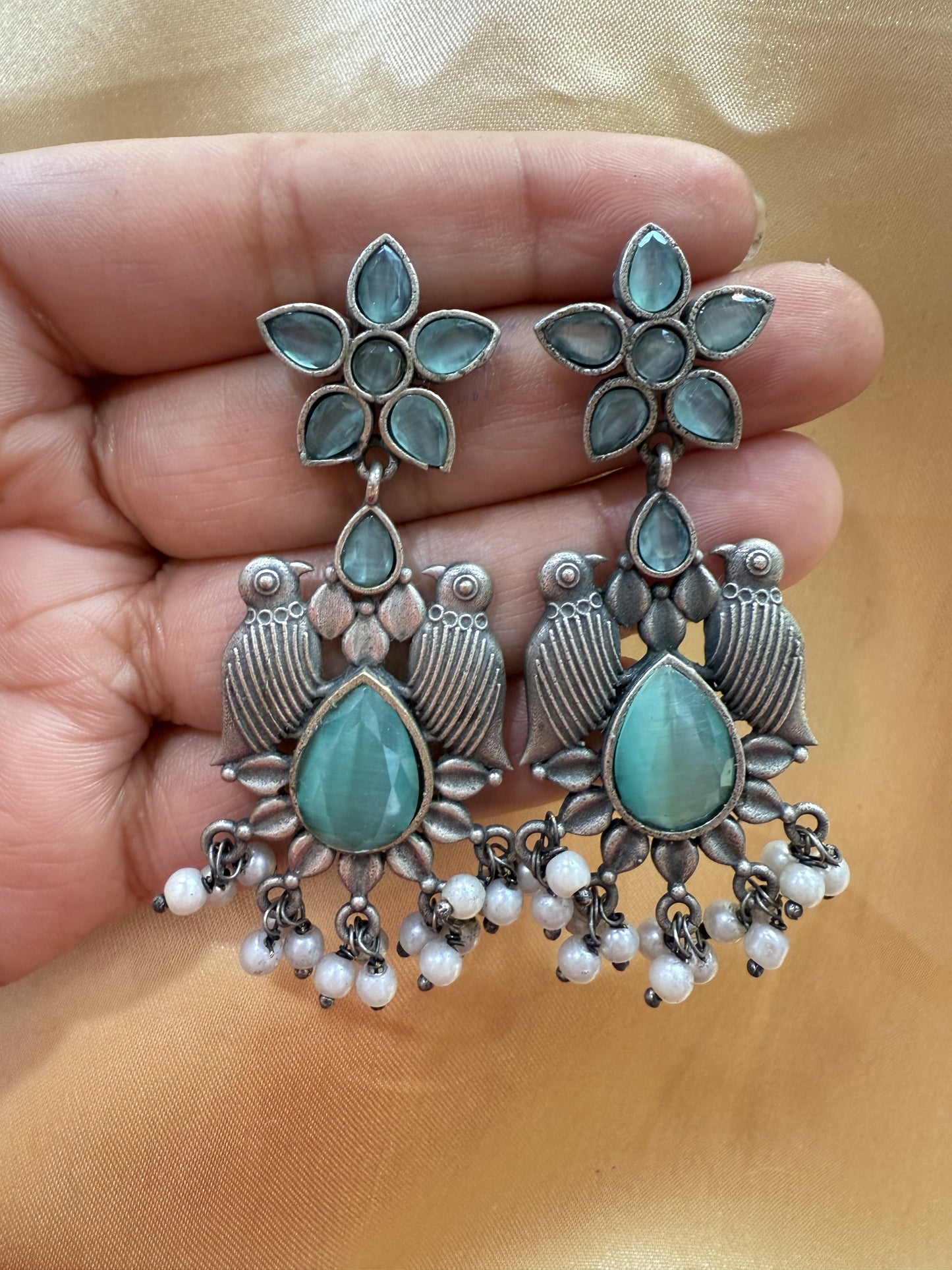 Oxidized Sky Blue Stone And Beaded Work Bird Designs Earrings For Women Near Me