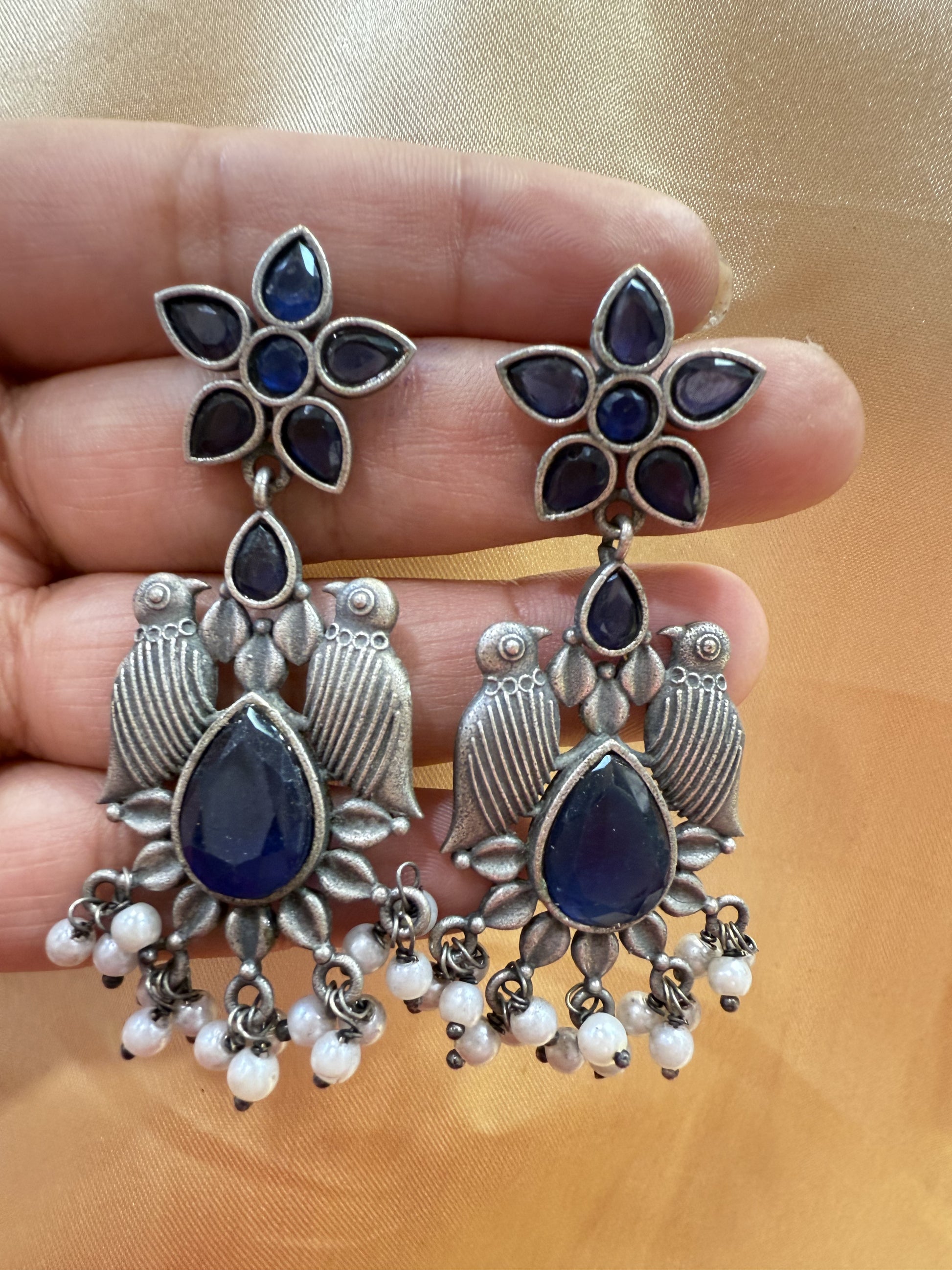 Oxidized Blue Stone And Beaded Work Bird Designs Earrings In Mesa