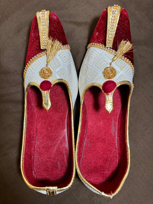 Traditional Maroon Colored Brocade Mojaris With Stone Work