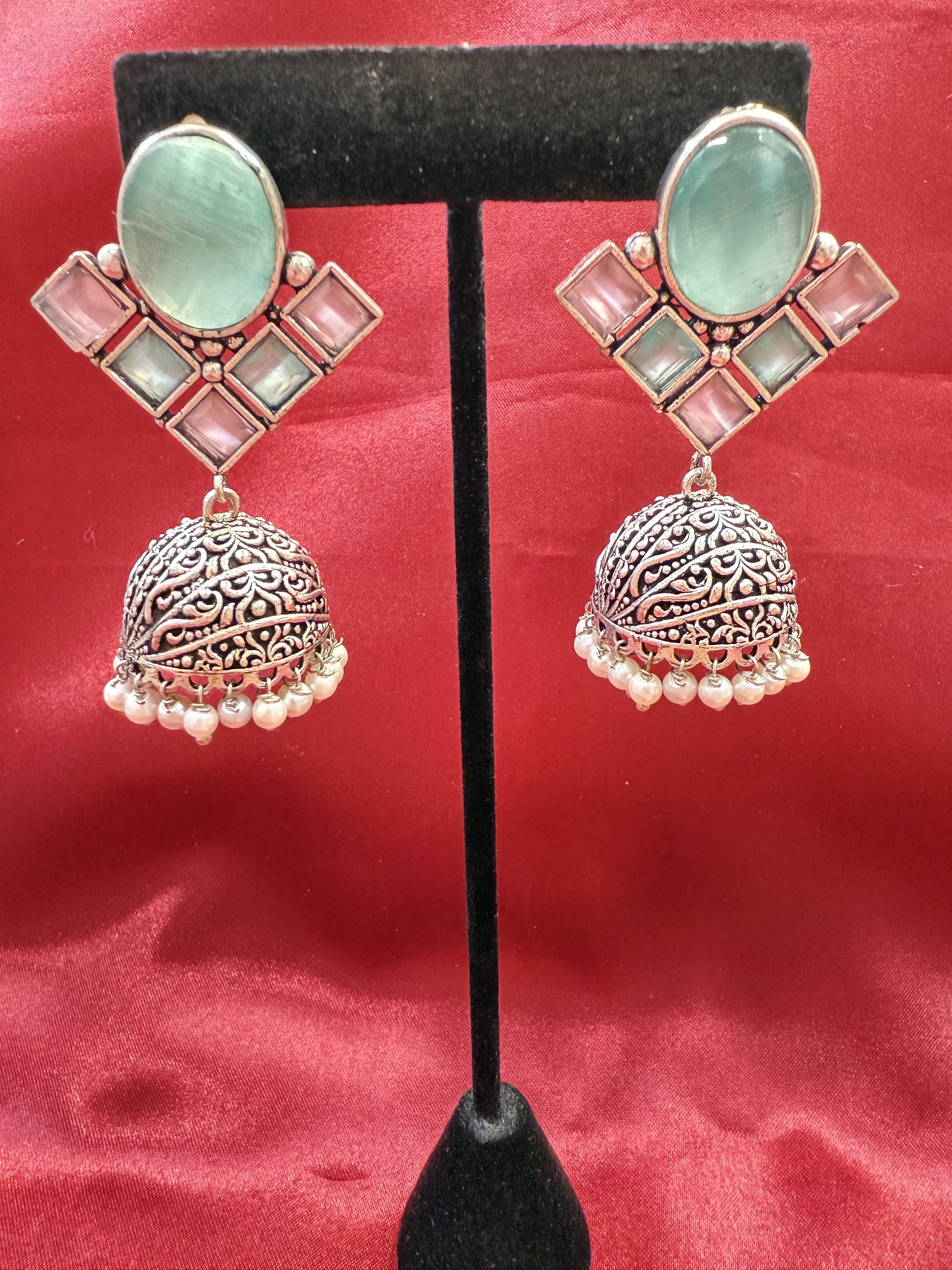 Alluring Sky Blue And Light Pink Stone Jhumka Designer Oxidized Earrings In USA