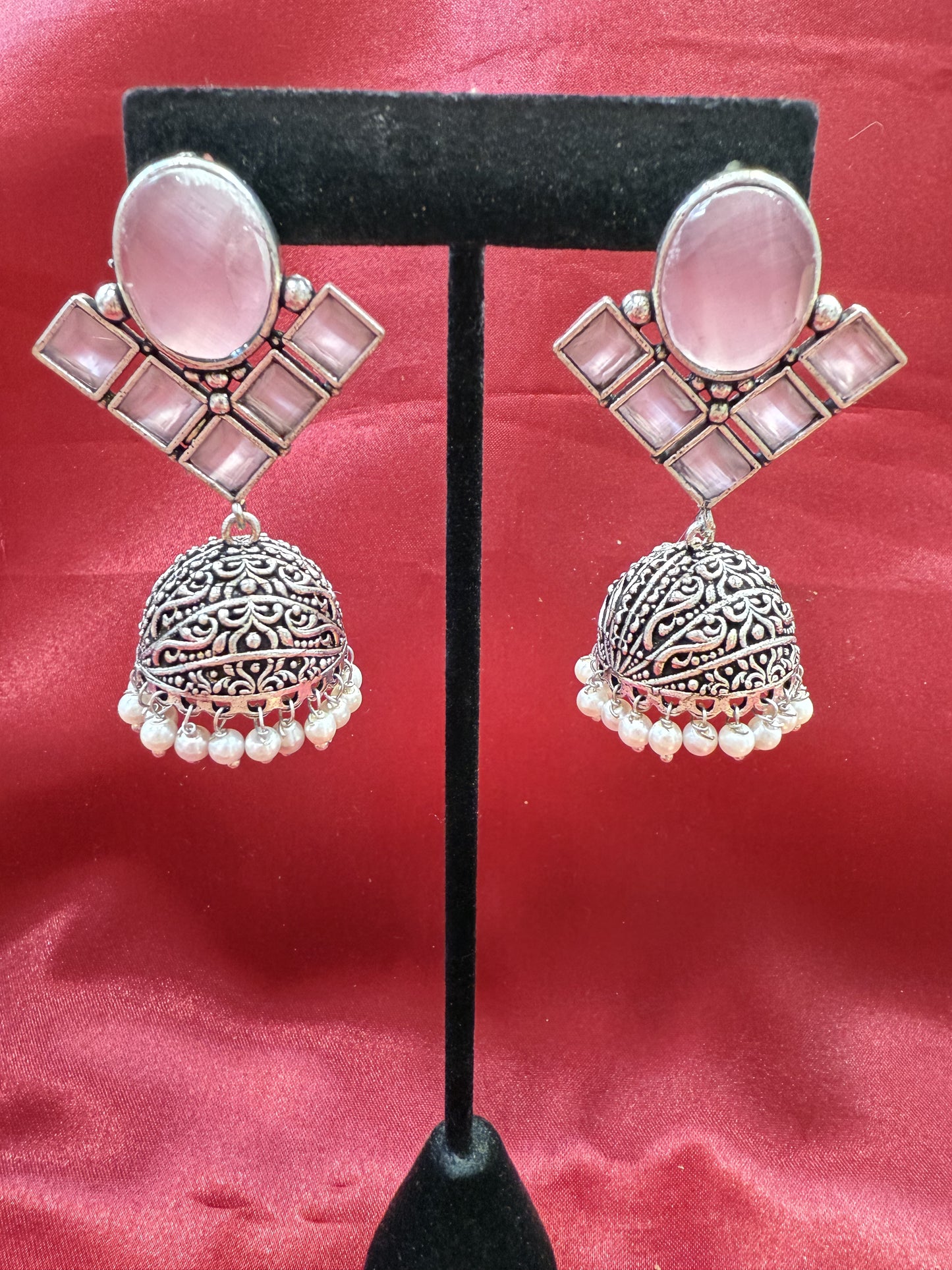 Alluring Light Pink Stone Jhumka Designer Oxidized Earrings For Women