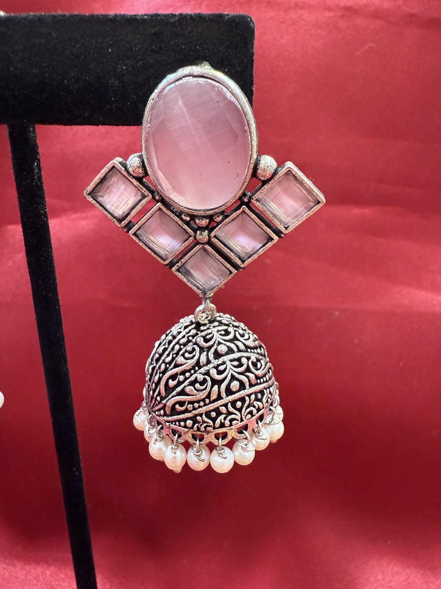 Alluring Light Pink Stone Jhumka Designer Oxidized Earrings Near Me