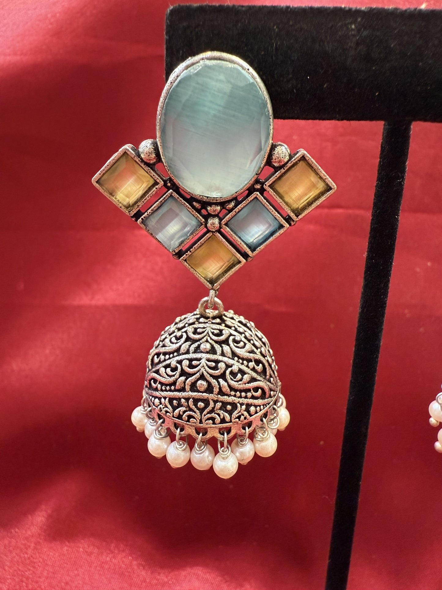 Sky Blue And Light Green Stone Jhumka Designer Oxidized Earrings For Women Near Me