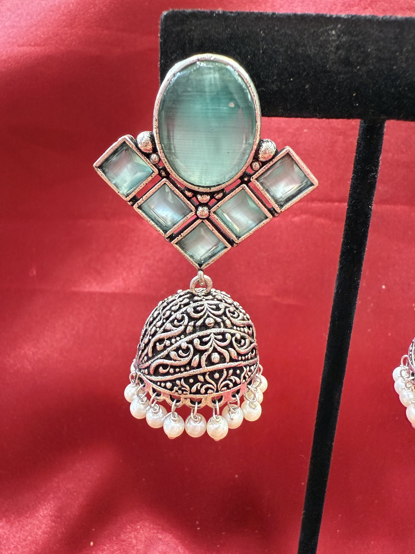 Green Stone Jhumka Design With Oxidized Earrings Near Me