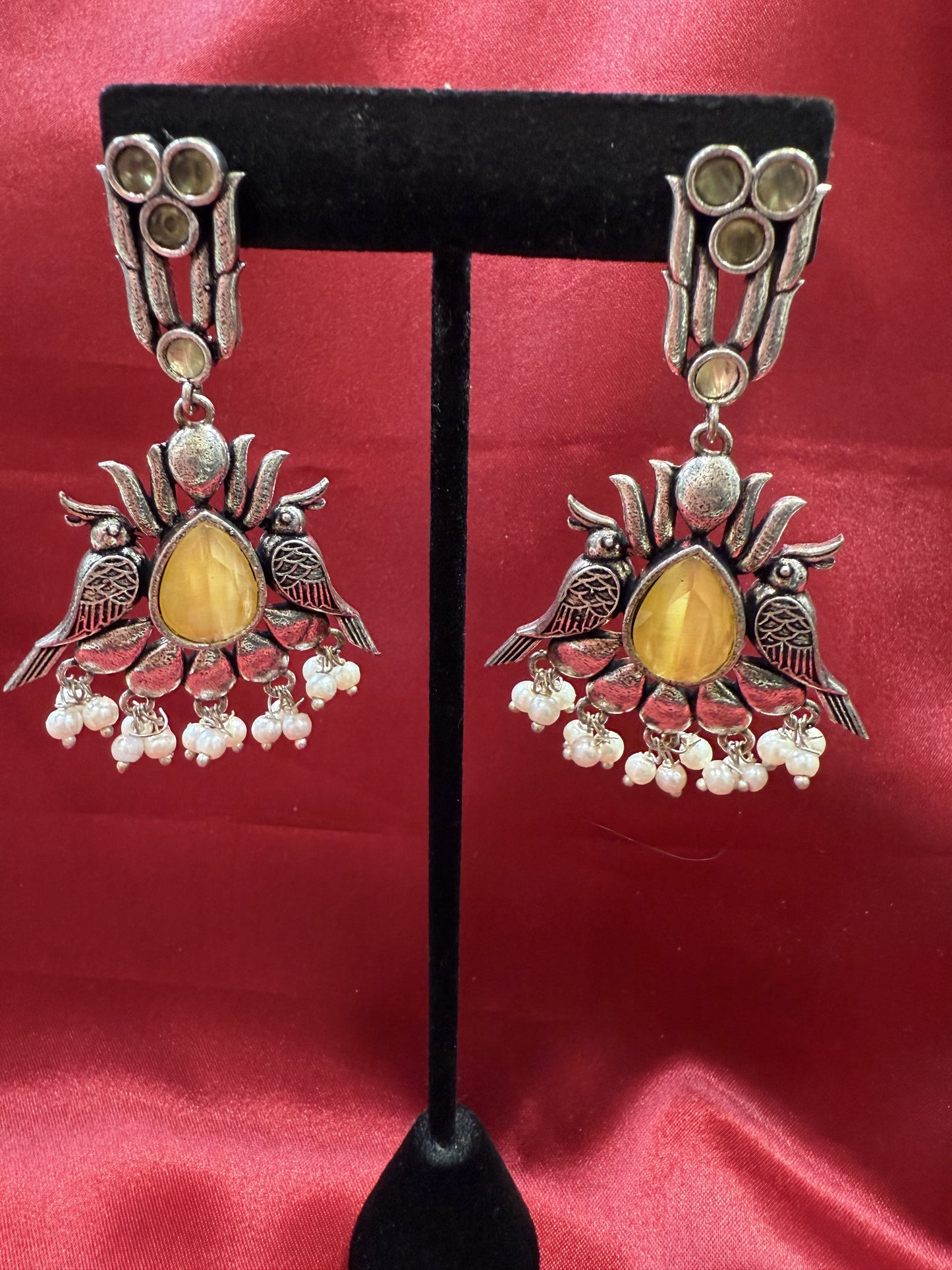 Light Yellow Design Oxidized With Beads Earrings In Yuma