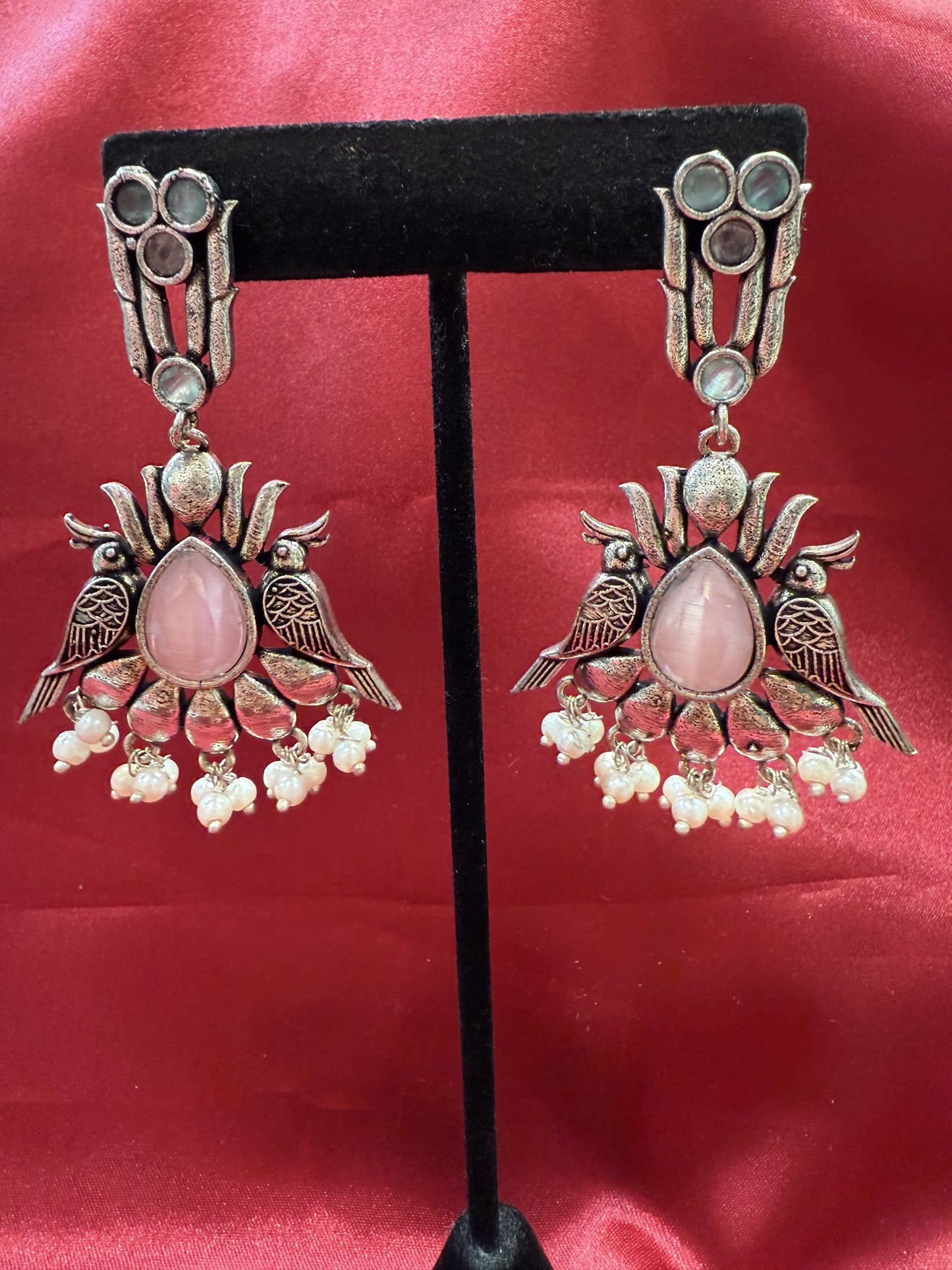 Elegant Light Pink Stone Bird Design Oxidized With Beads Earrings