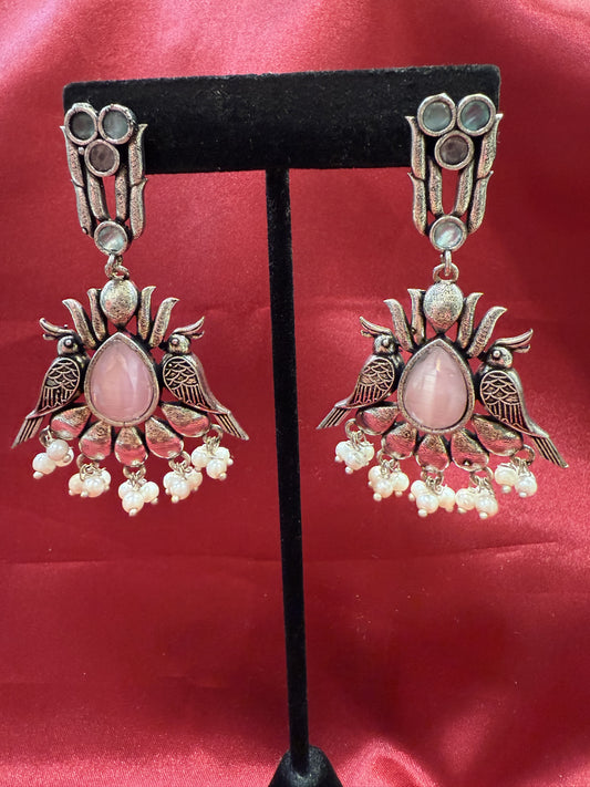 Elegant Light Pink Stone Bird Design Oxidized With Beads Earrings