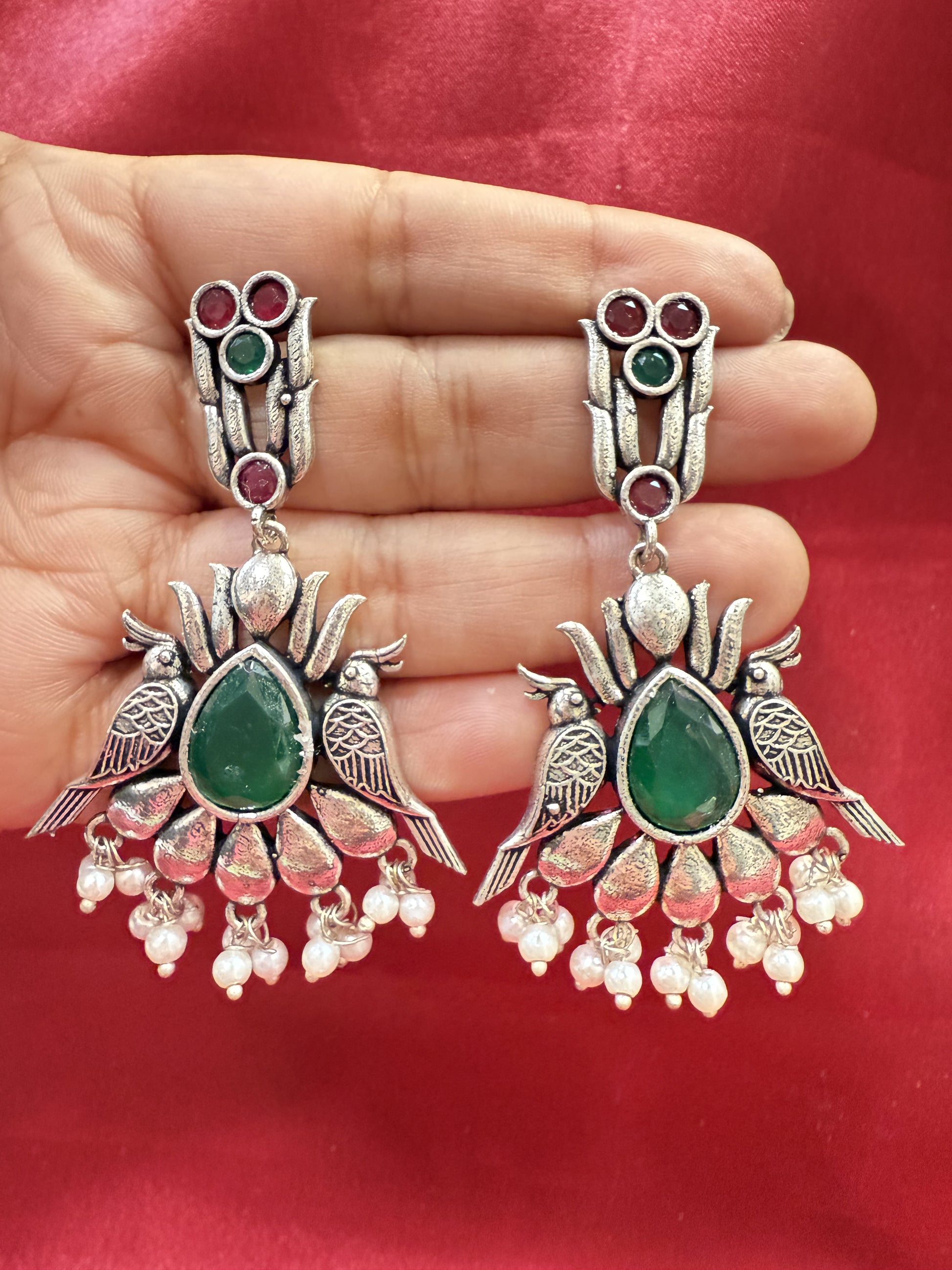 Magenta Oxidized With Beads Earrings In USA