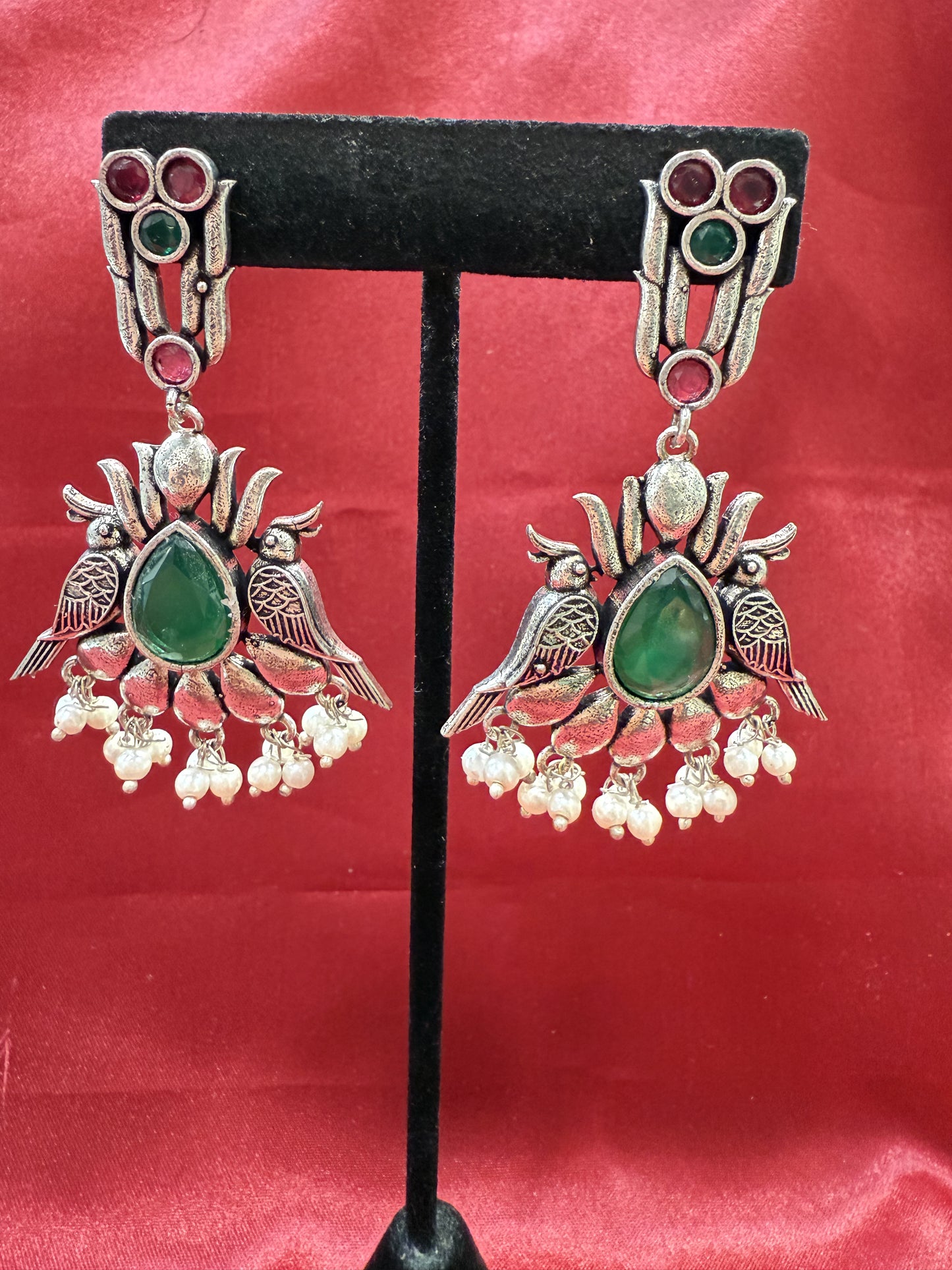 Elegant Dark Green And Magenta Stone Bird Design Oxidized With Beads Earrings Near Me