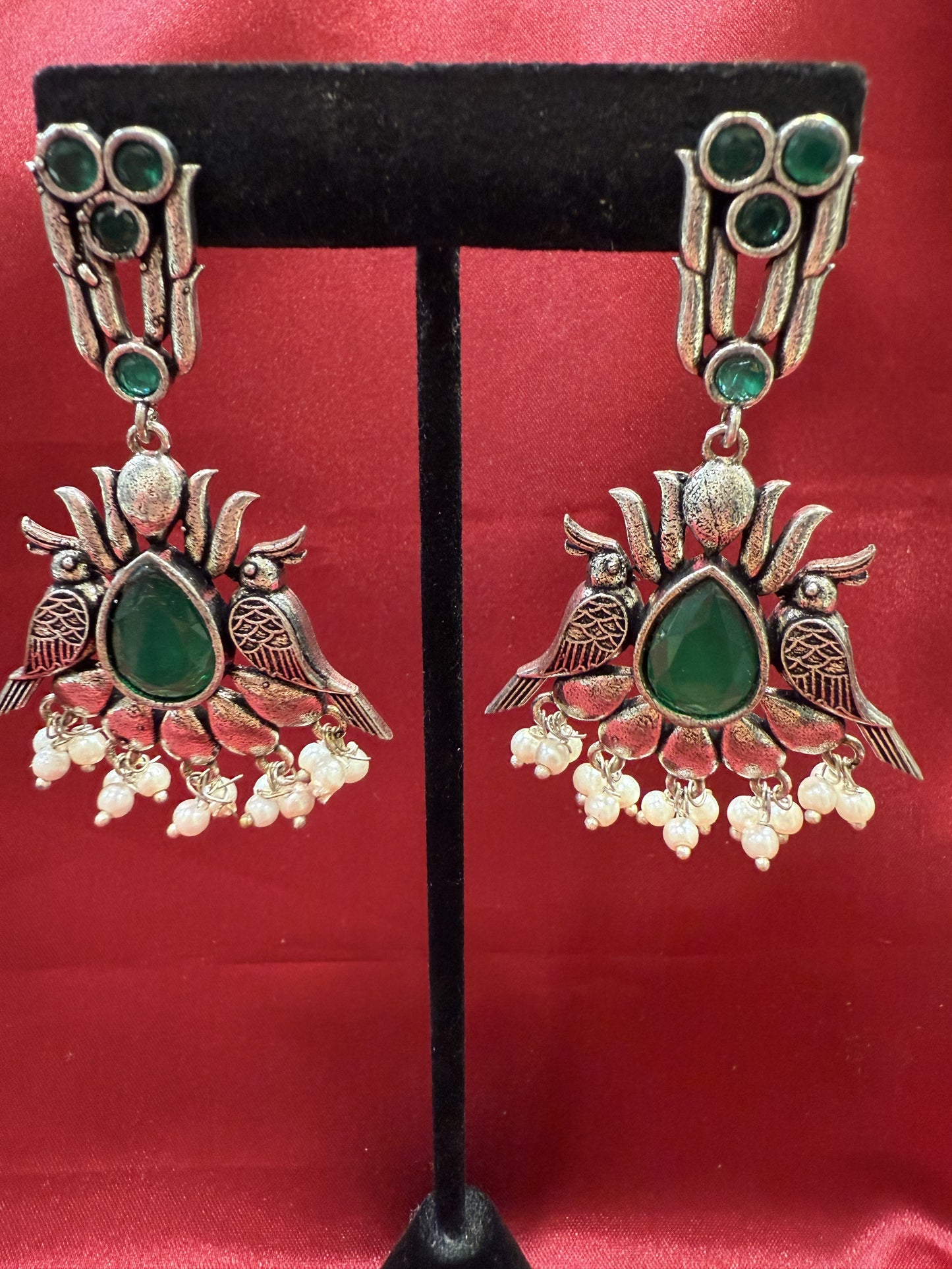 Elegant Dark Green Stone Bird Design Oxidized With Beads Earrings