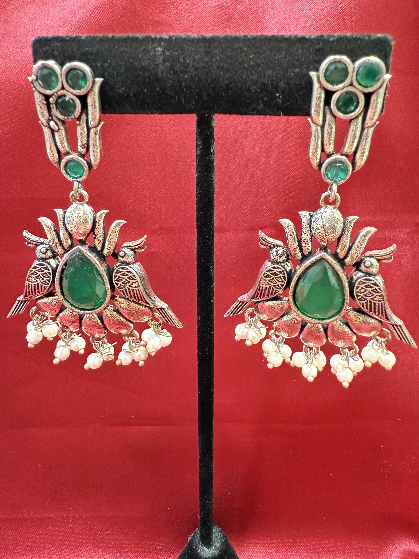 Elegant Dark Green Stone Bird Design Oxidized With Beads Earrings