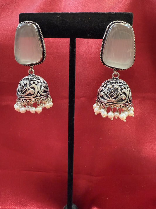  Beautiful Oxidized Gray Stone Jhumka With White Color Bead Hangings