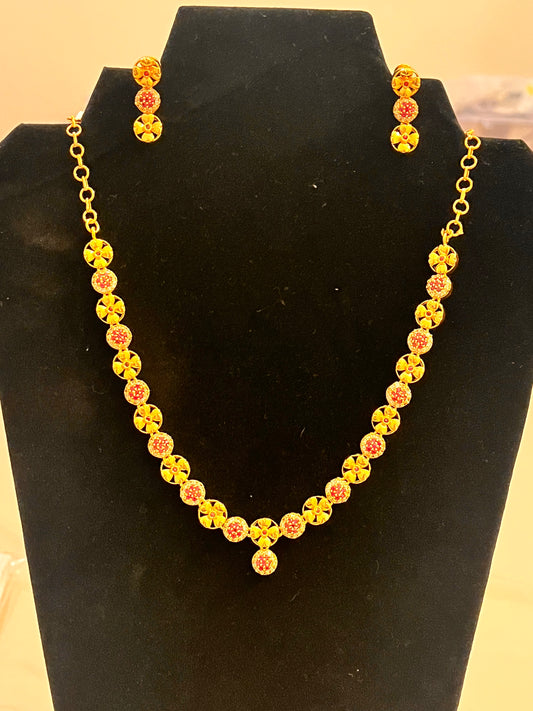 Beautiful Flower Shape Gold Plated And Pink Stone Jewelry Set For Women