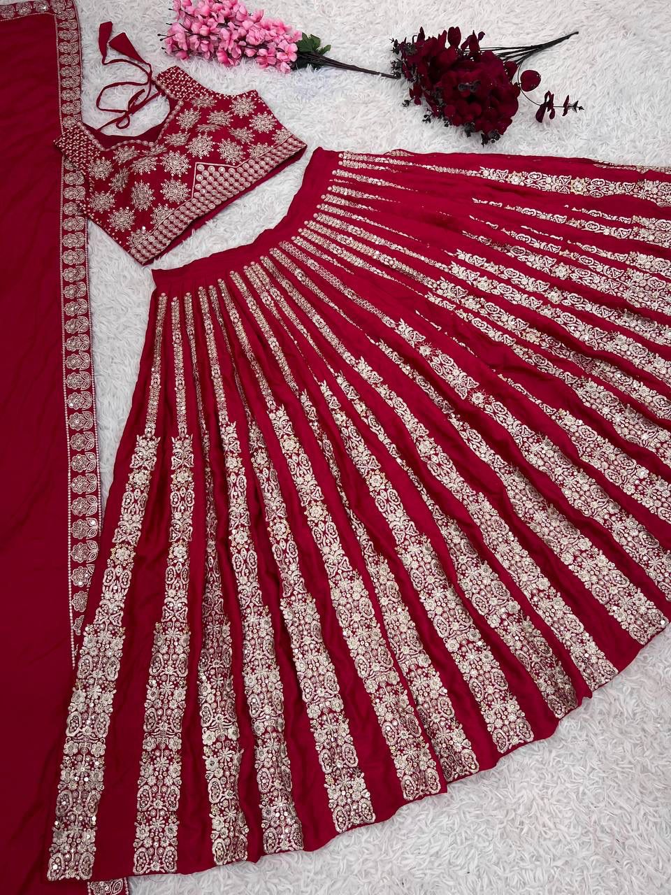 Gorgeous Red Color Heavy Embroidery Sequins Work Wedding Lehenga Choli Near Me