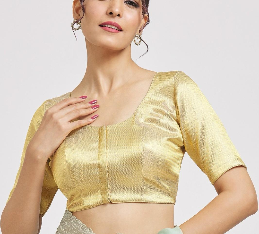Fabulous Golden Color Elbow Sleeves Round Neck Readymade Blouse For Women