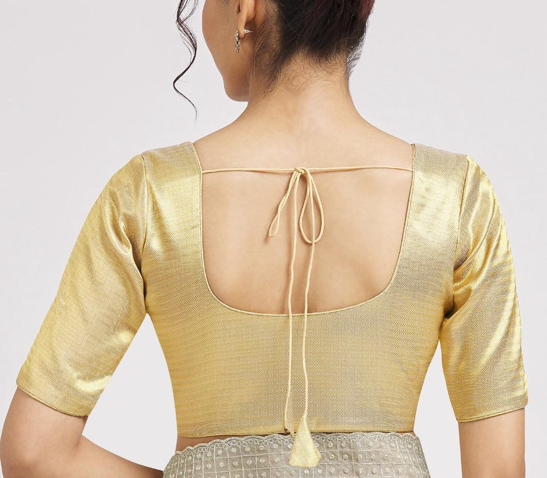 Golden Color Elbow Sleeves Round Neck Readymade Blouse Near Me