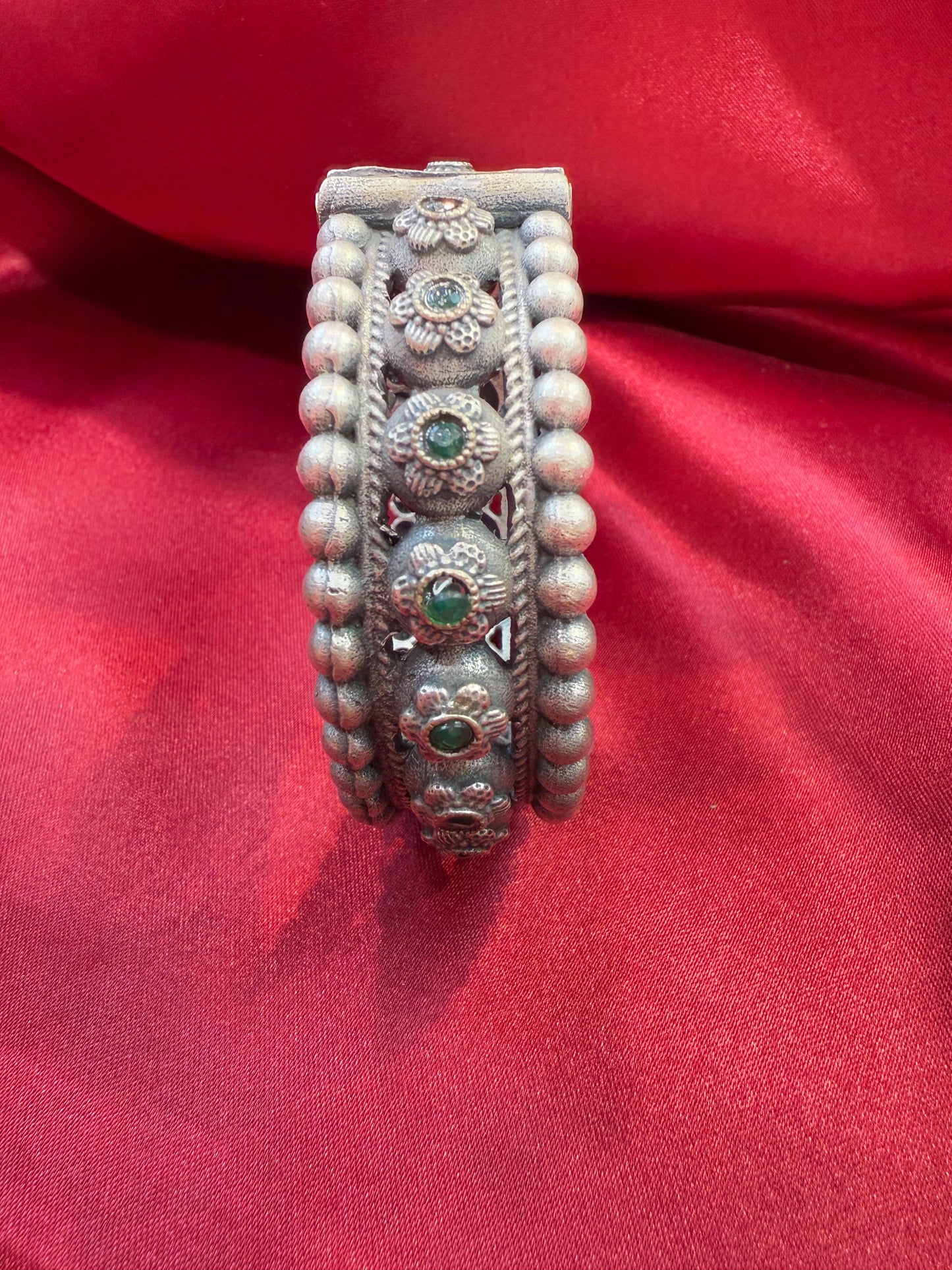 Fascinating Tribal Oxidized Silver Ethnic Open Bridal Kada Cuff Bracelet With Green Stone