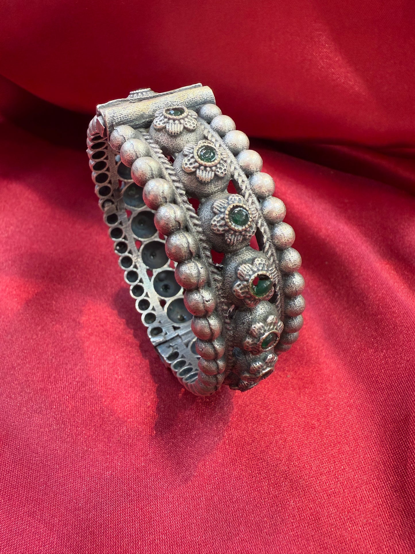 Fascinating Tribal Oxidized Silver Ethnic Open Bridal Kada Cuff Bracelet With Green Stone