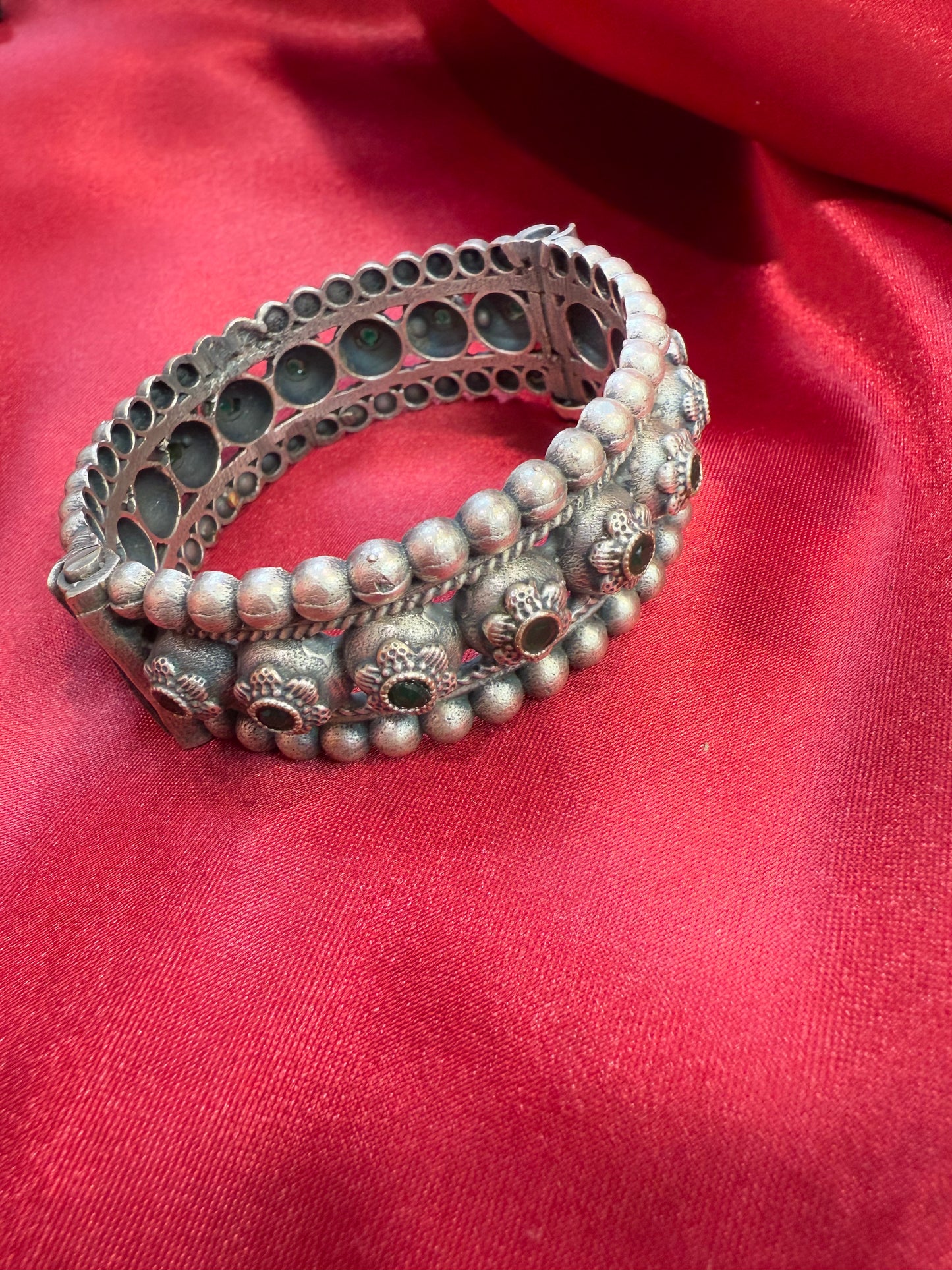 Fascinating Tribal Oxidized Silver Ethnic Open Bridal Kada Cuff Bracelet With Green Stone