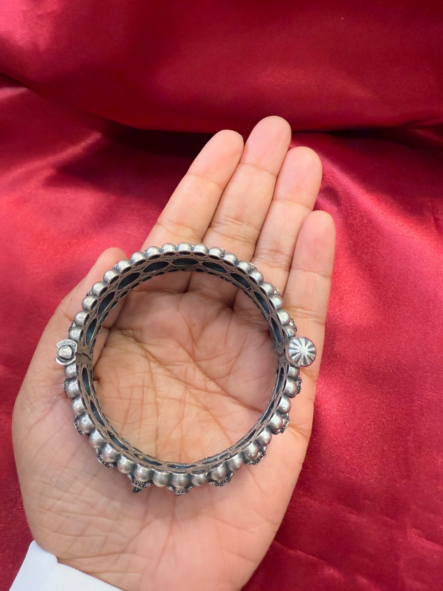 Fascinating Tribal Oxidized Silver Ethnic Open Bridal Kada Cuff Bracelet With Green Stone