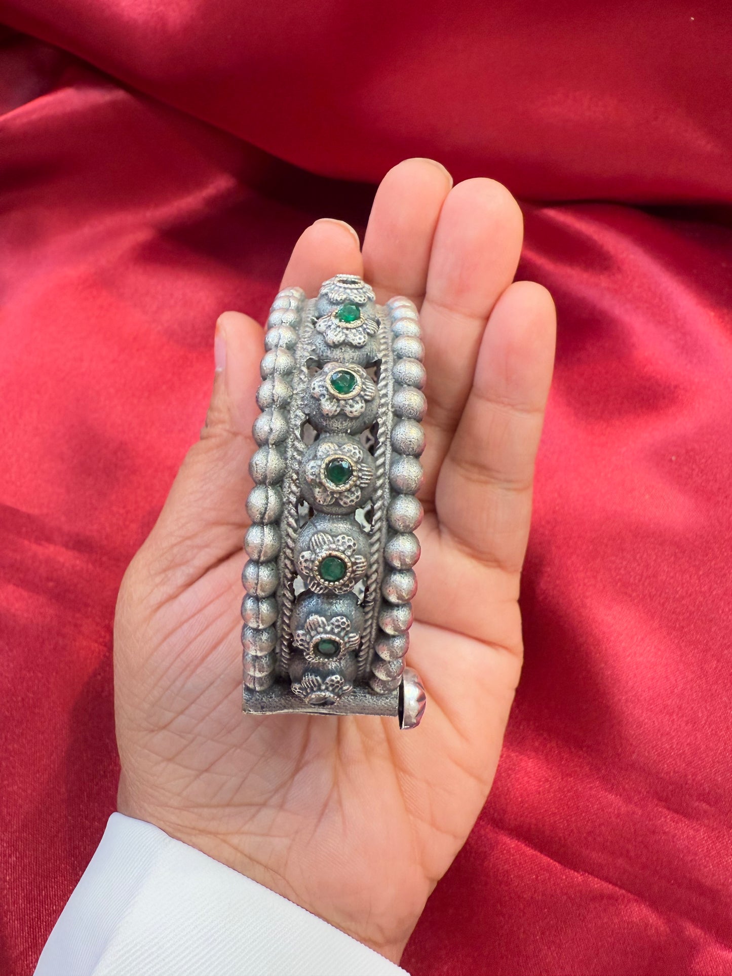 Fascinating Tribal Oxidized Silver Ethnic Open Bridal Kada Cuff Bracelet With Green Stone