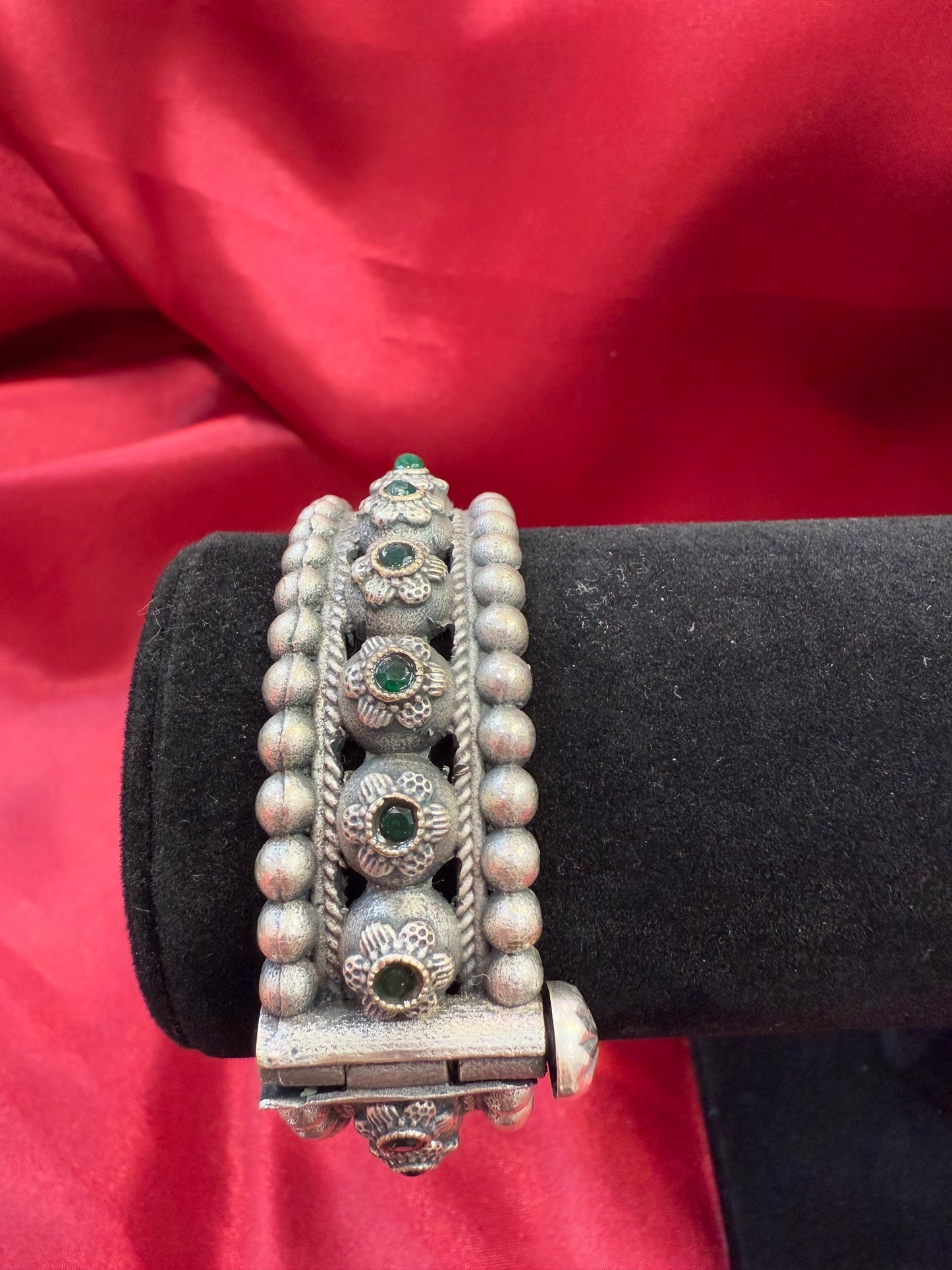 Fascinating Tribal Oxidized Silver Ethnic Open Bridal Kada Cuff Bracelet With Green Stone