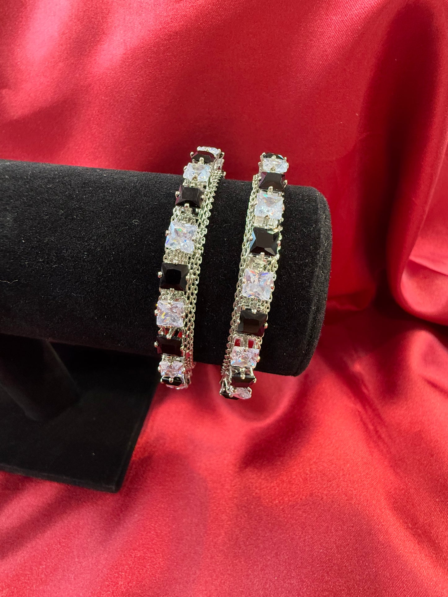 Appealing Oxidized Silver Ethnic Open Cuff Bracelet With Black And White Stone In Mesa