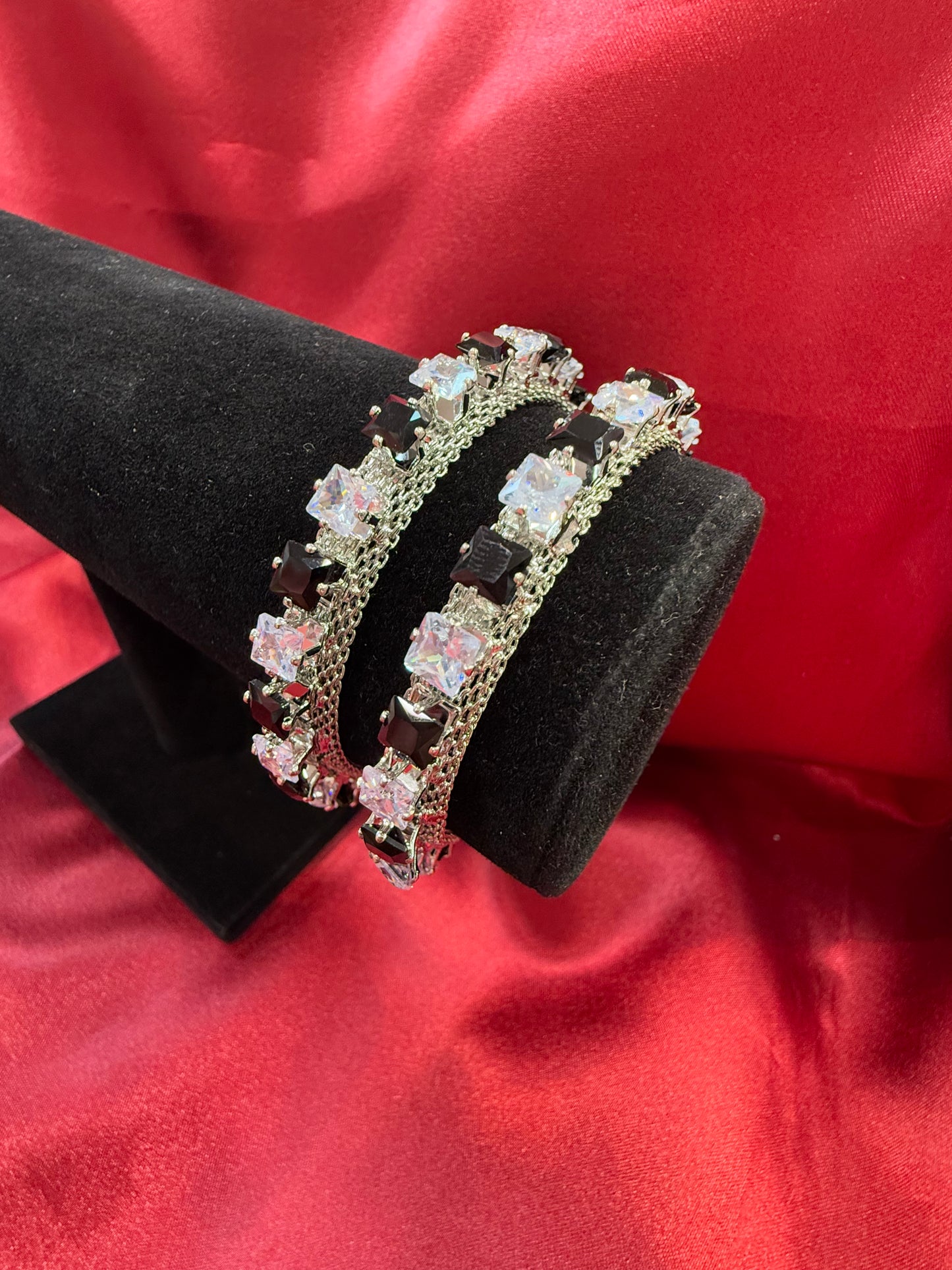 Appealing Oxidized Silver Ethnic Open Cuff Bracelet With Black And White Stone In Yuma