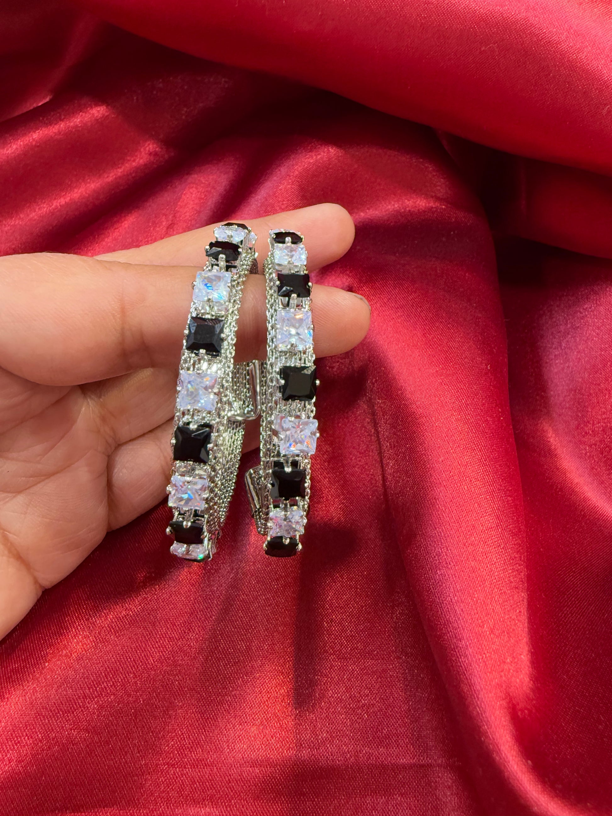 Appealing Oxidized Silver Ethnic Open Cuff Bracelet With Black And White Stone