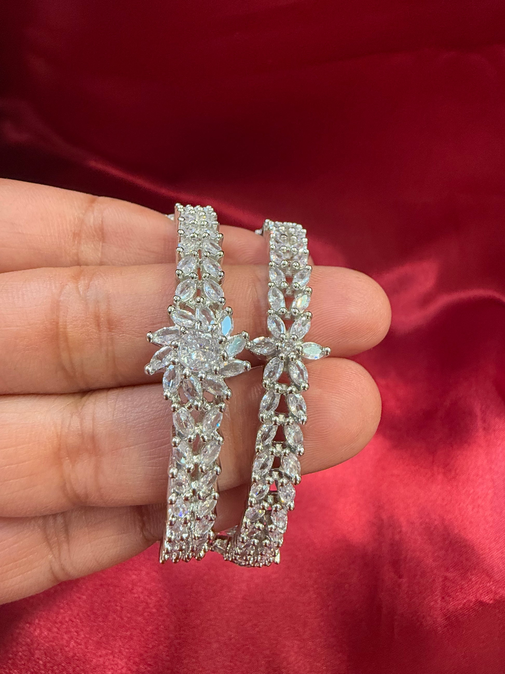 White Color Flower Design American Diamond Bangle Set In USA