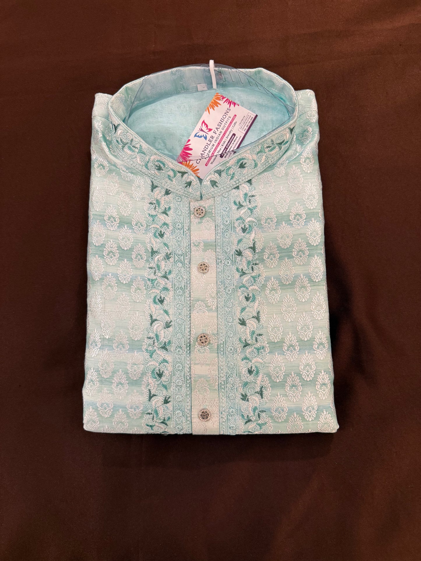Pretty Pista Color Silver Zari Brocade With Lining Full Sleeve Embroidery Kurta Pajama Set For Men