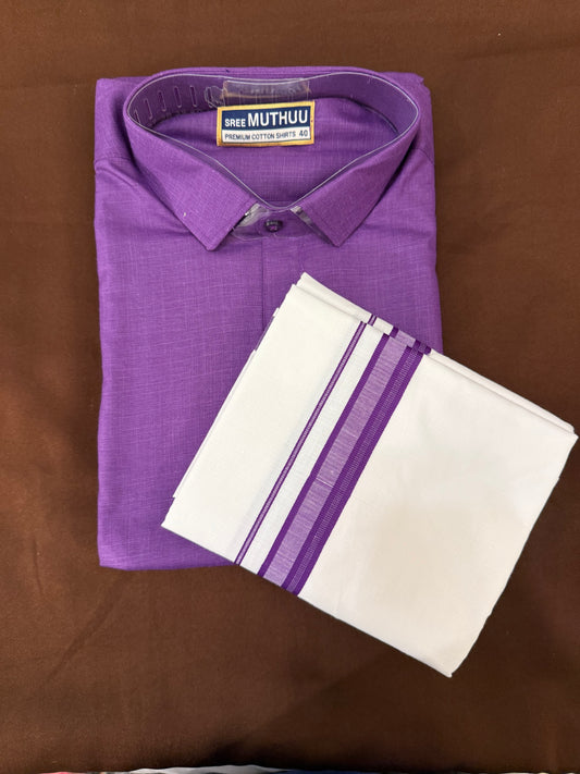 Beautiful Violet Color Mens Cotton Shirt With Border Dhoti