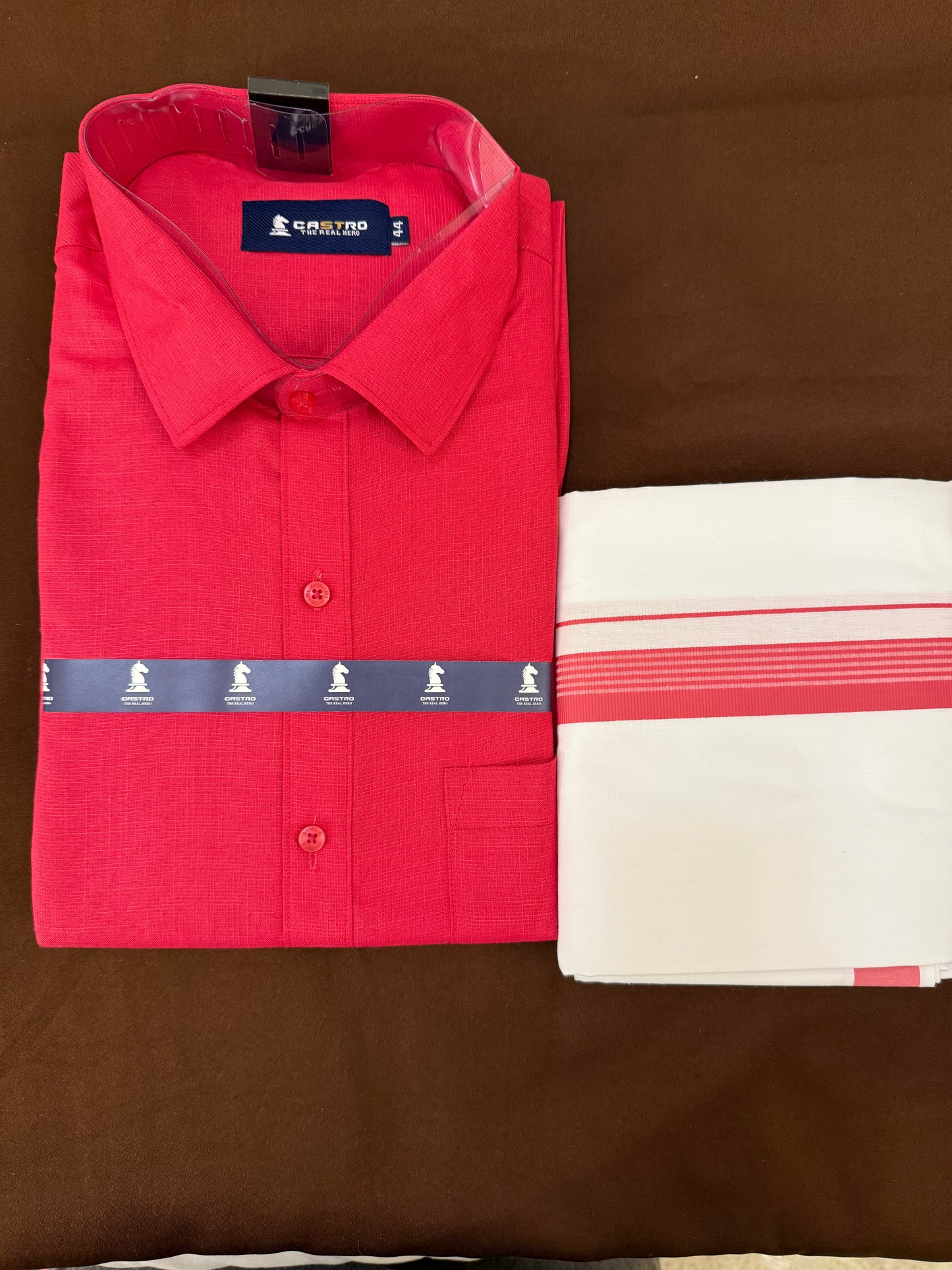 Beautiful Dark Pink Color Mens Cotton Shirt With Border Dhoti
