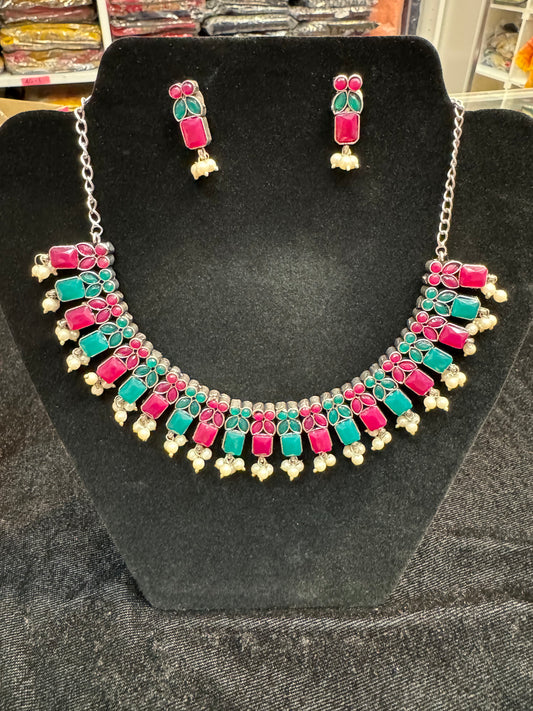 Attractive Pink And Green Color Stone Design Oxidized With Pearl Beads Necklace With Earrings Sets