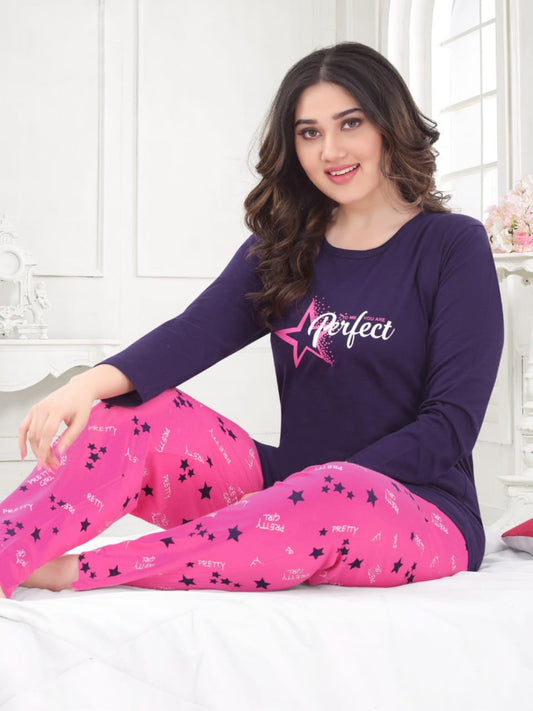 Women's Soft Long Sleeve Printed Cotton Violet and Pink Pajama Set