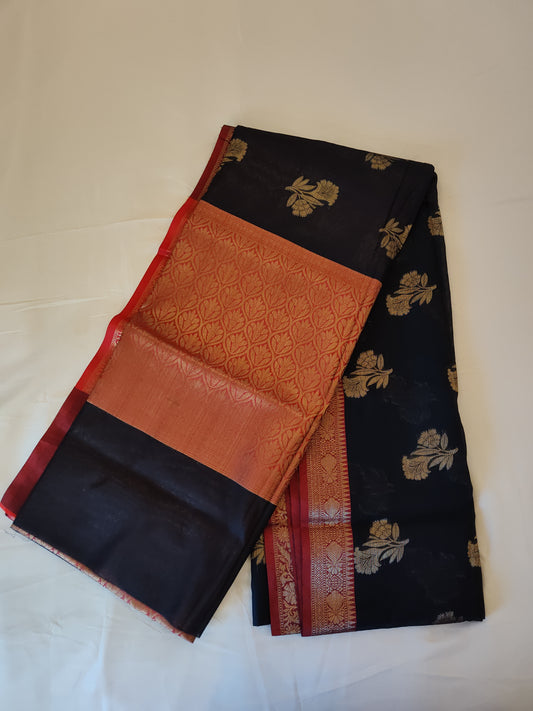 Black Cotton-Silk Saree With Gold Jari And Red Border