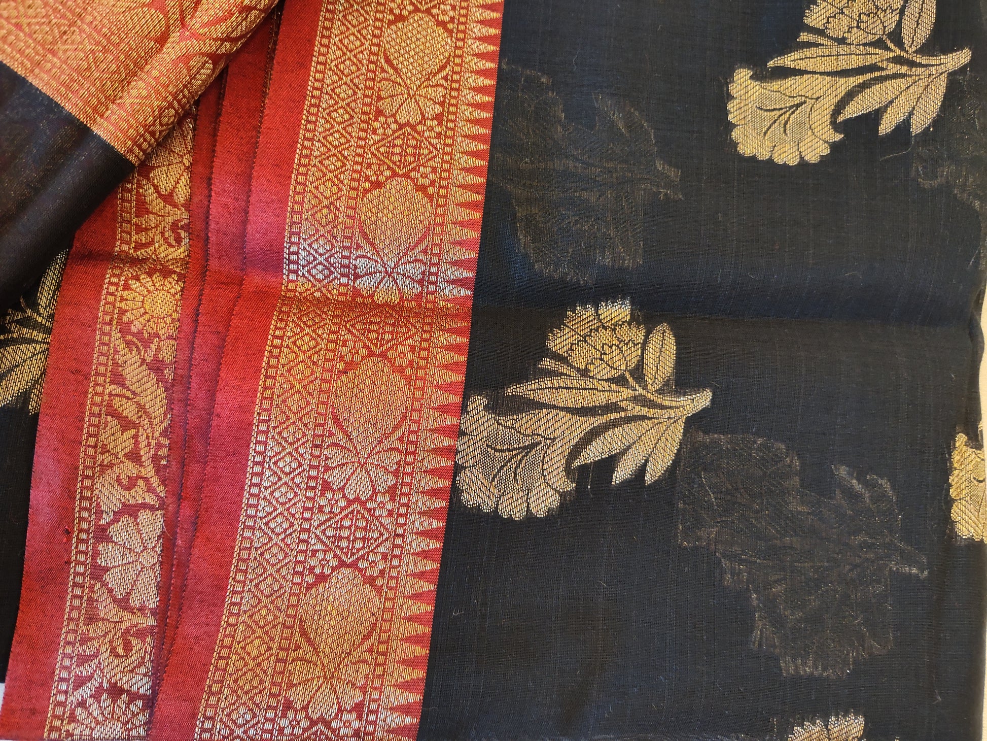 Black Cotton-Silk Saree With Gold Jari And Red Border In Suncity